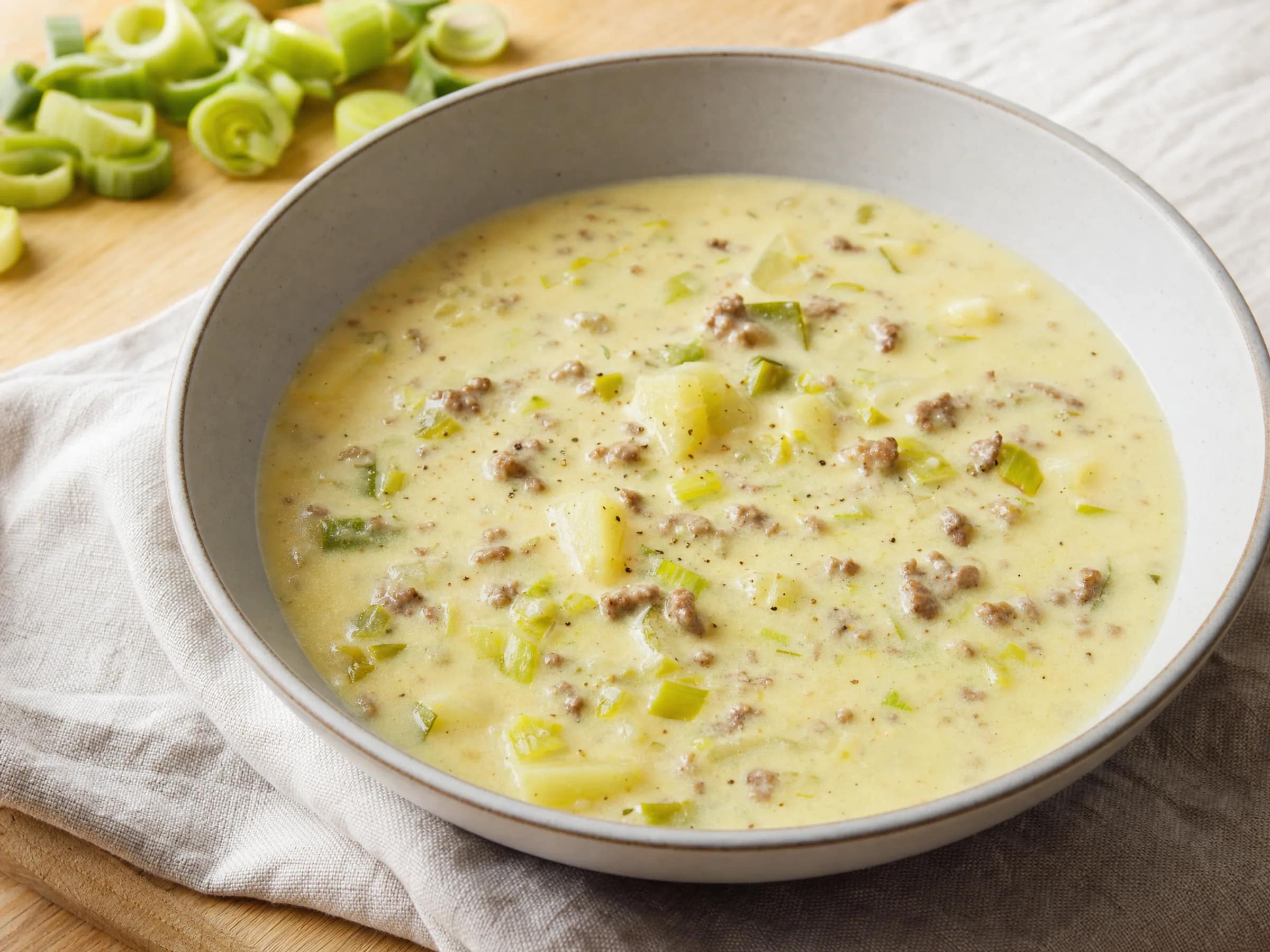 Käse-Lauch-Suppe mit Hackfleisch – cremig, mild und partytauglich