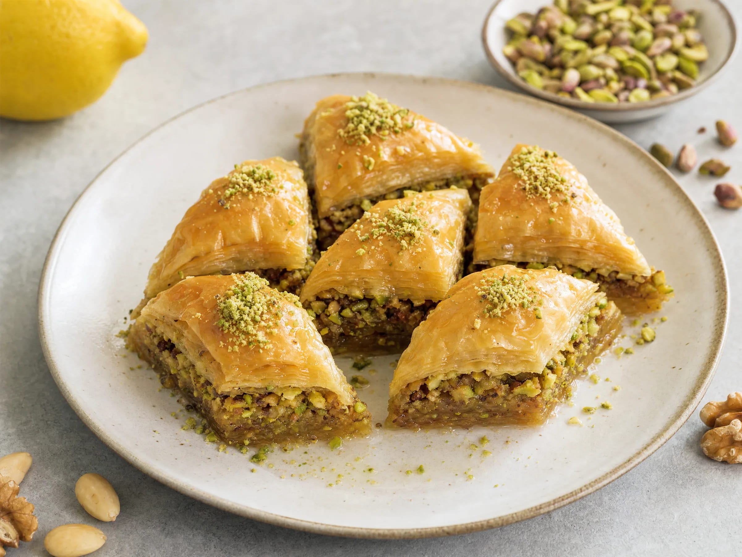 Baklava mit Filoteig, Pistazien und kaltem Sirup fertig angerichtet