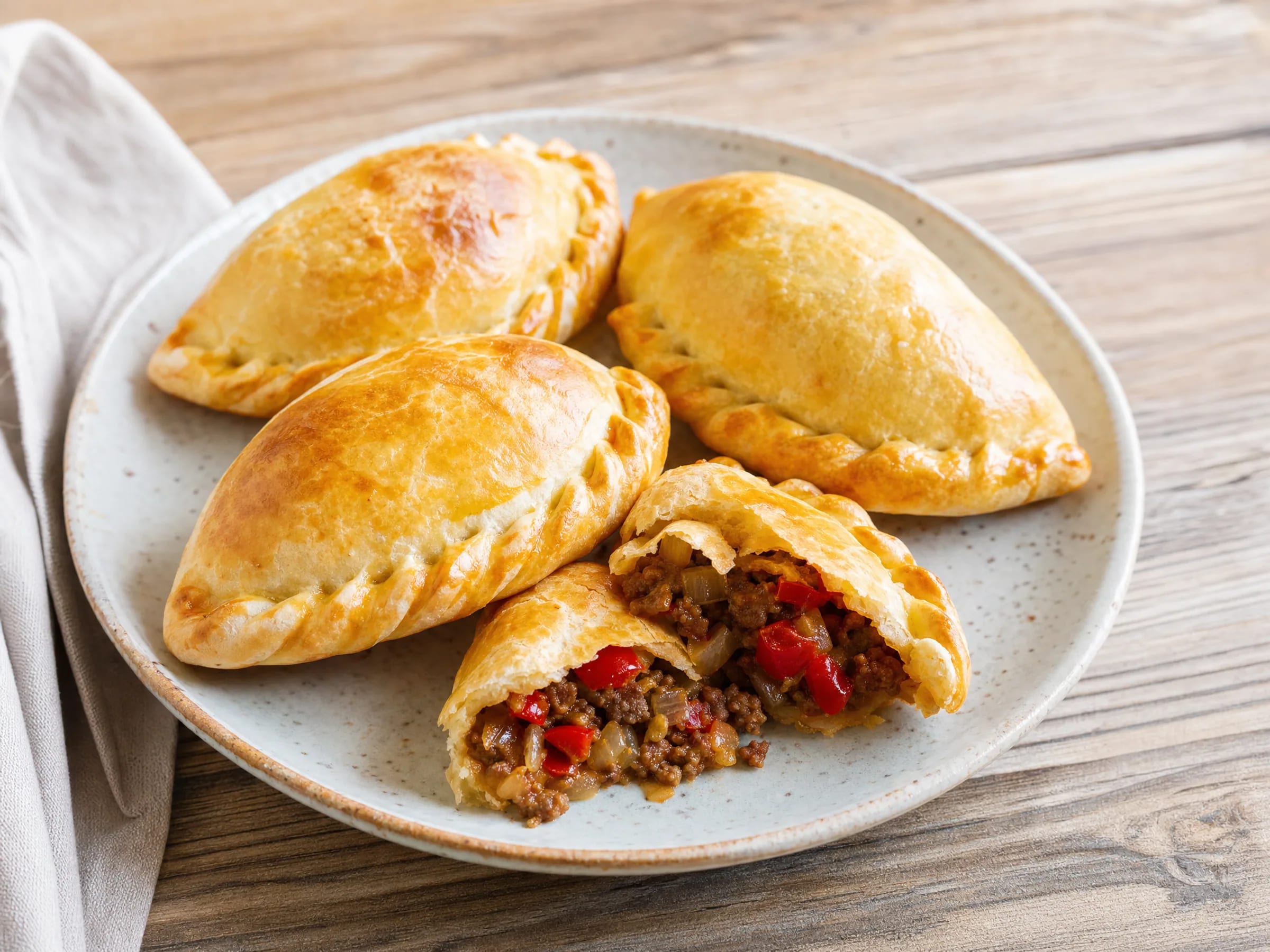 Empanadas mit hausgemachtem Teig und Rinderfüllung fertig angerichtet