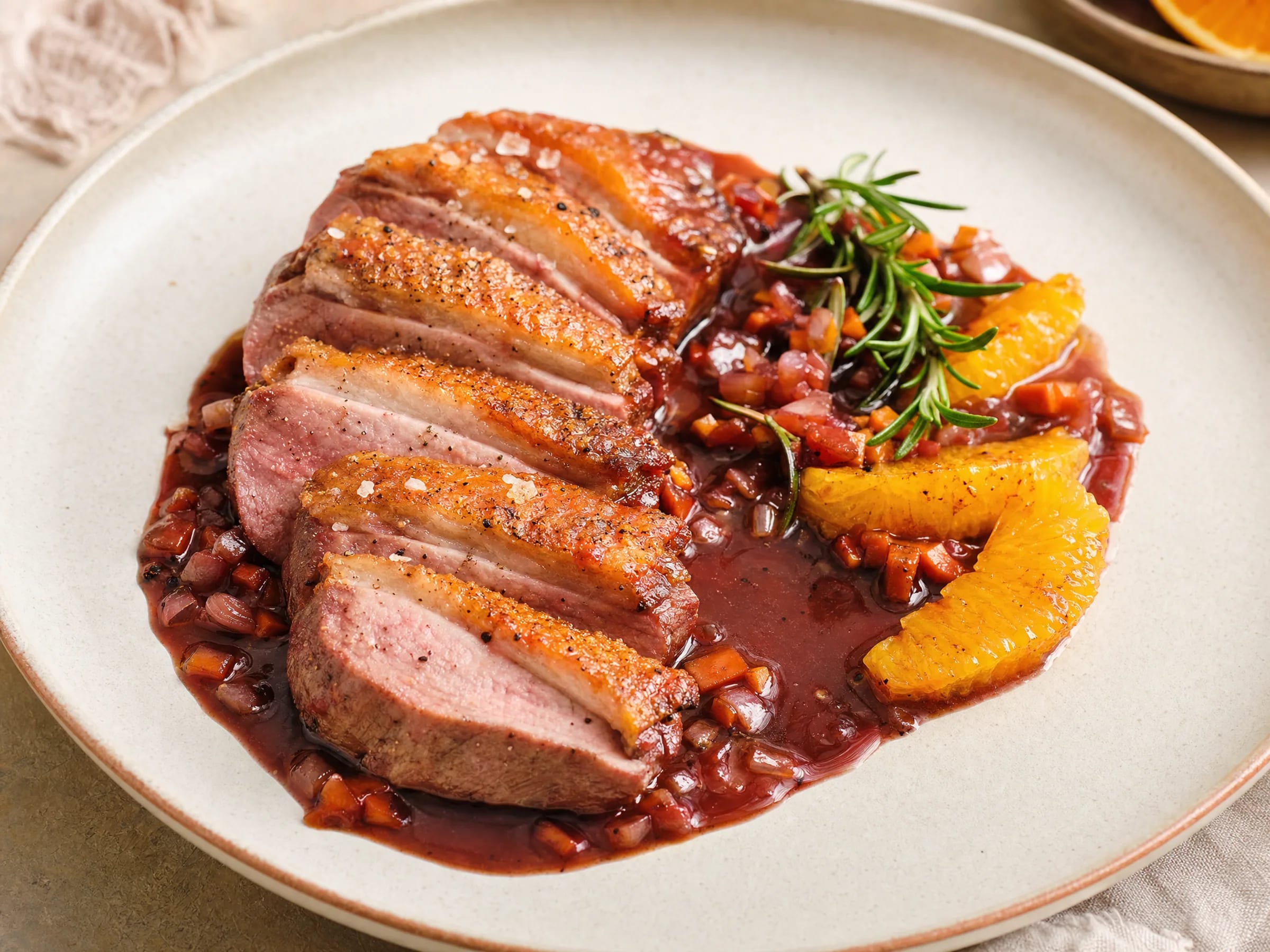 Entenbrust mit Rotwein-Orangen-Soße fertig angerichtet