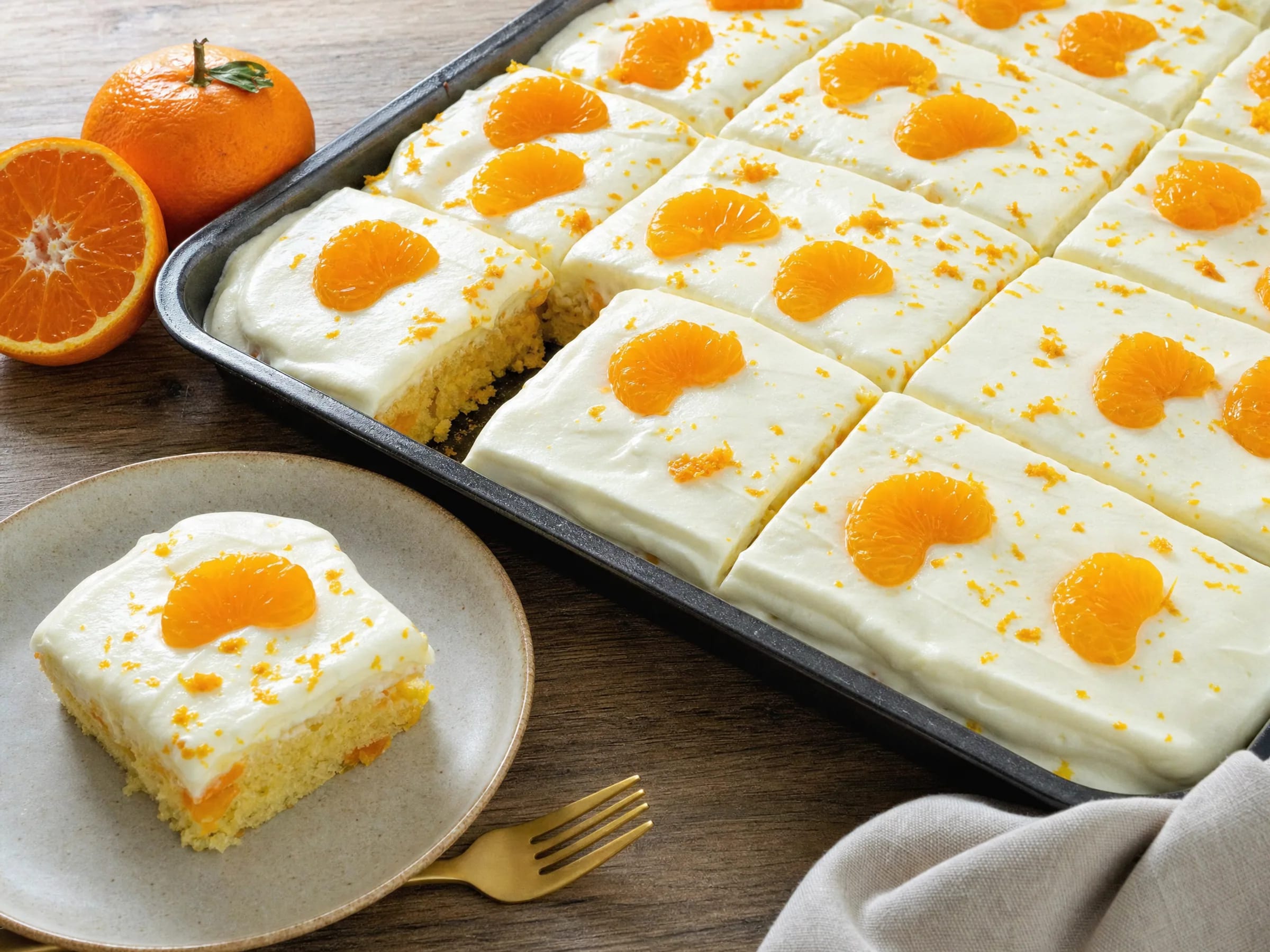 Fantakuchen vom Blech mit Schmand und Mandarinen fertig angerichtet