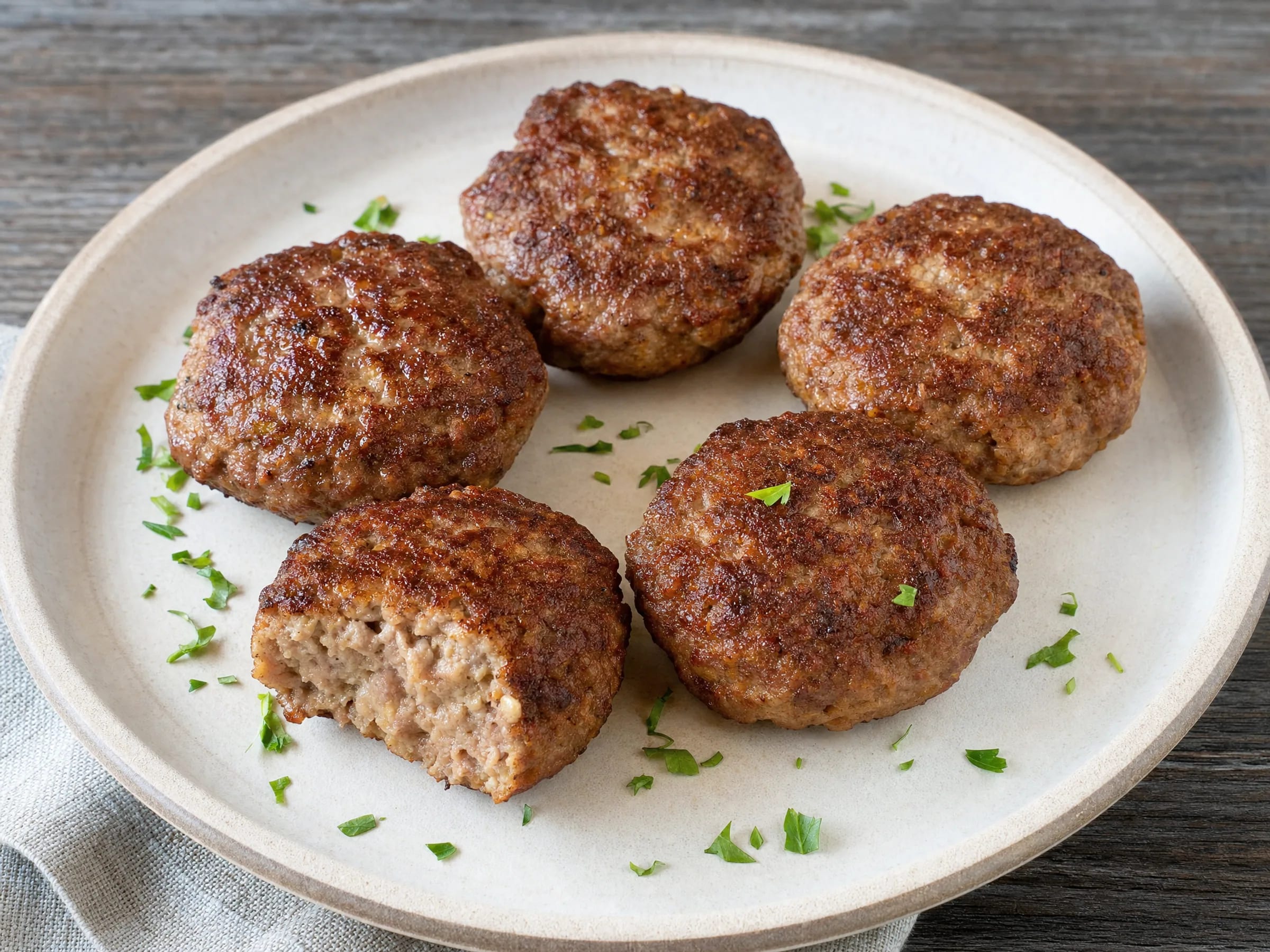 Klassische Frikadellen aus der Pfanne mit Brötchen fertig angerichtet