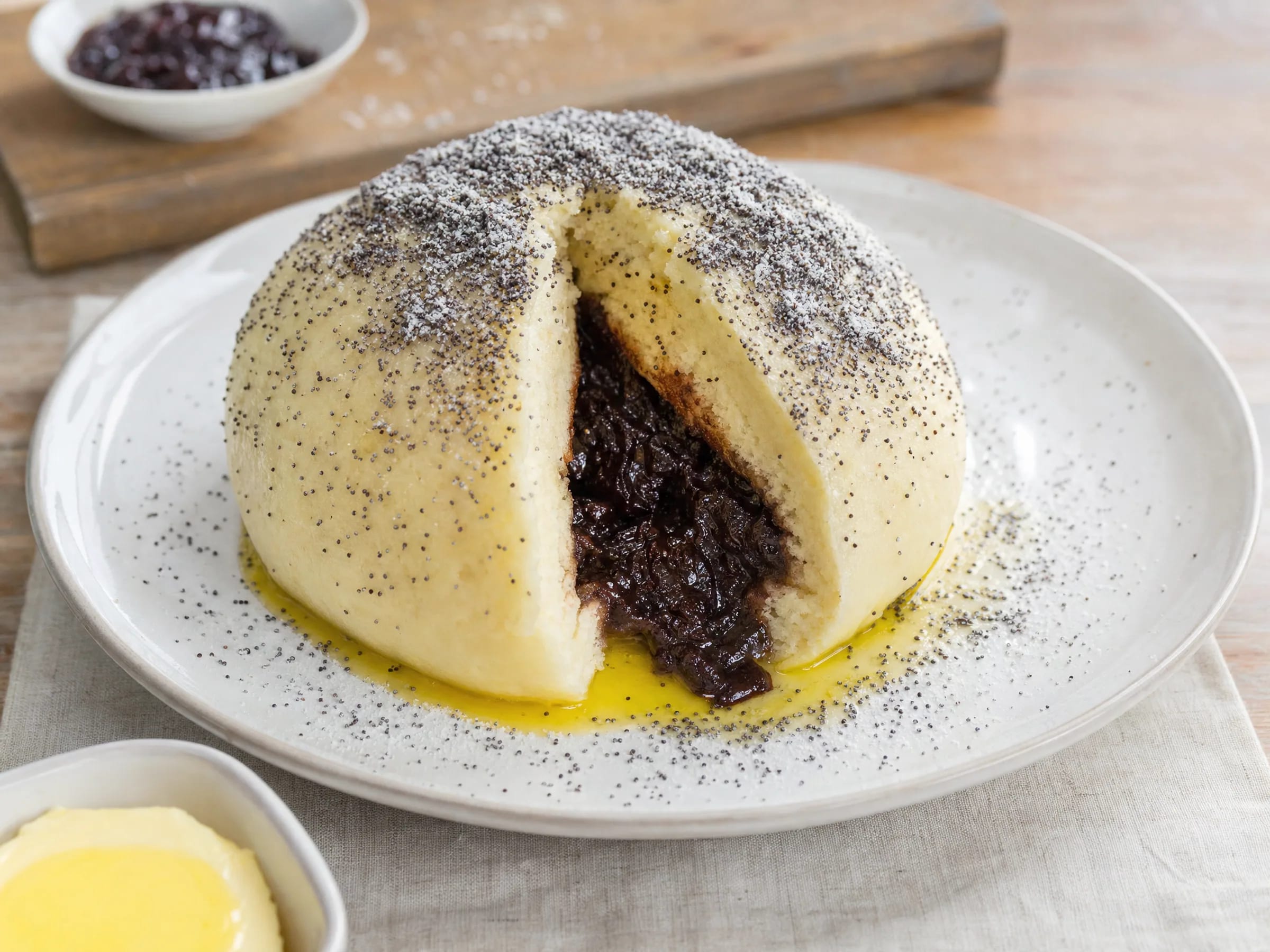 Germknödel mit Powidl – gedämpft und dicht gefüllt fertig angerichtet