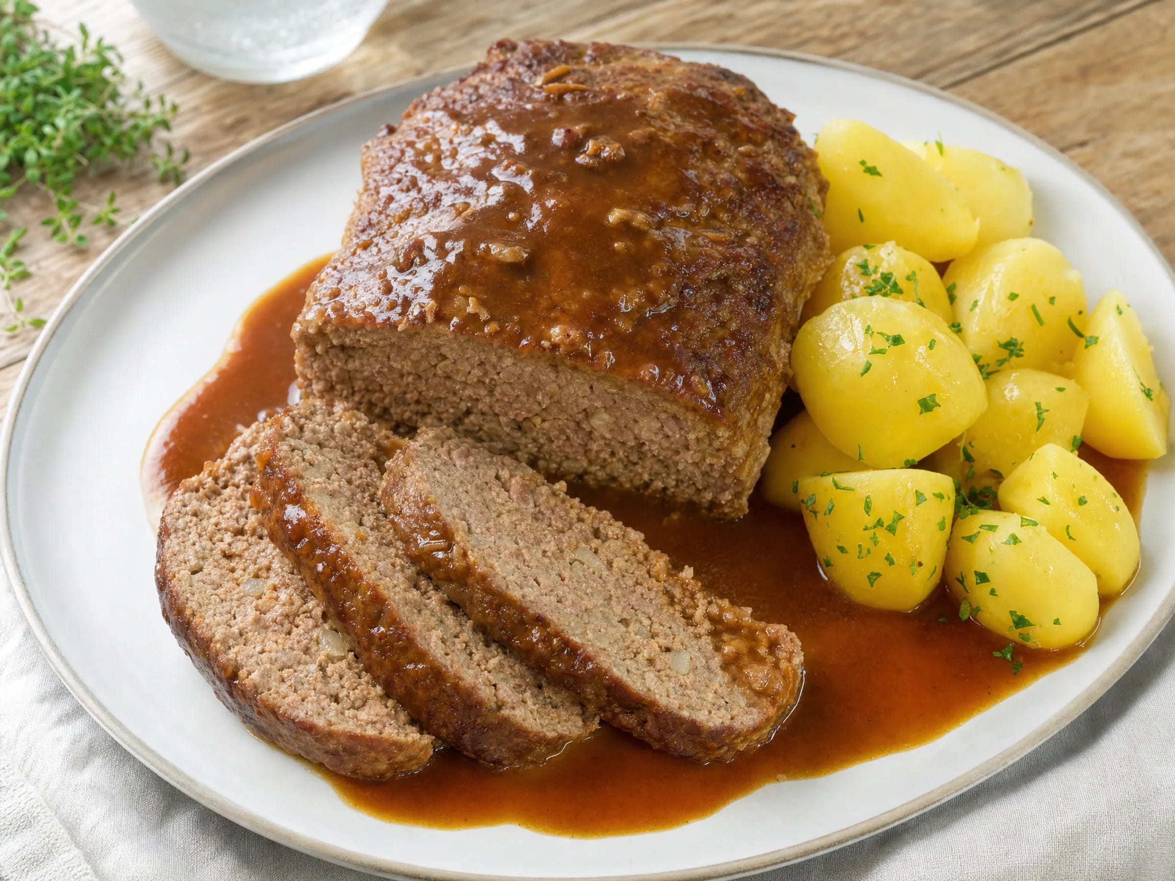 Hackbraten im Backofen mit kräftiger Soße fertig angerichtet