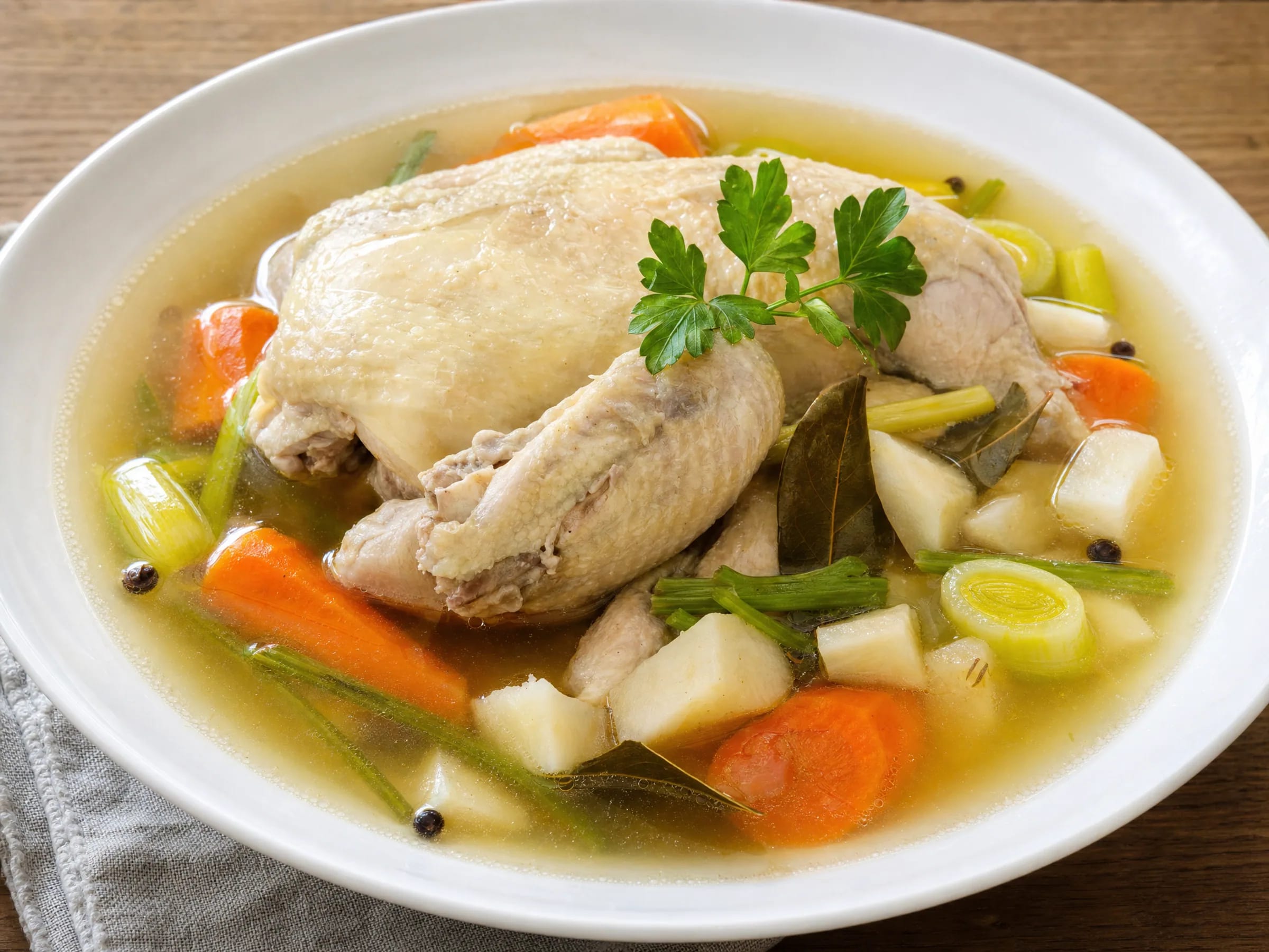 Hühnersuppe mit Suppenhuhn und klarer Brühe wie bei Oma fertig angerichtet