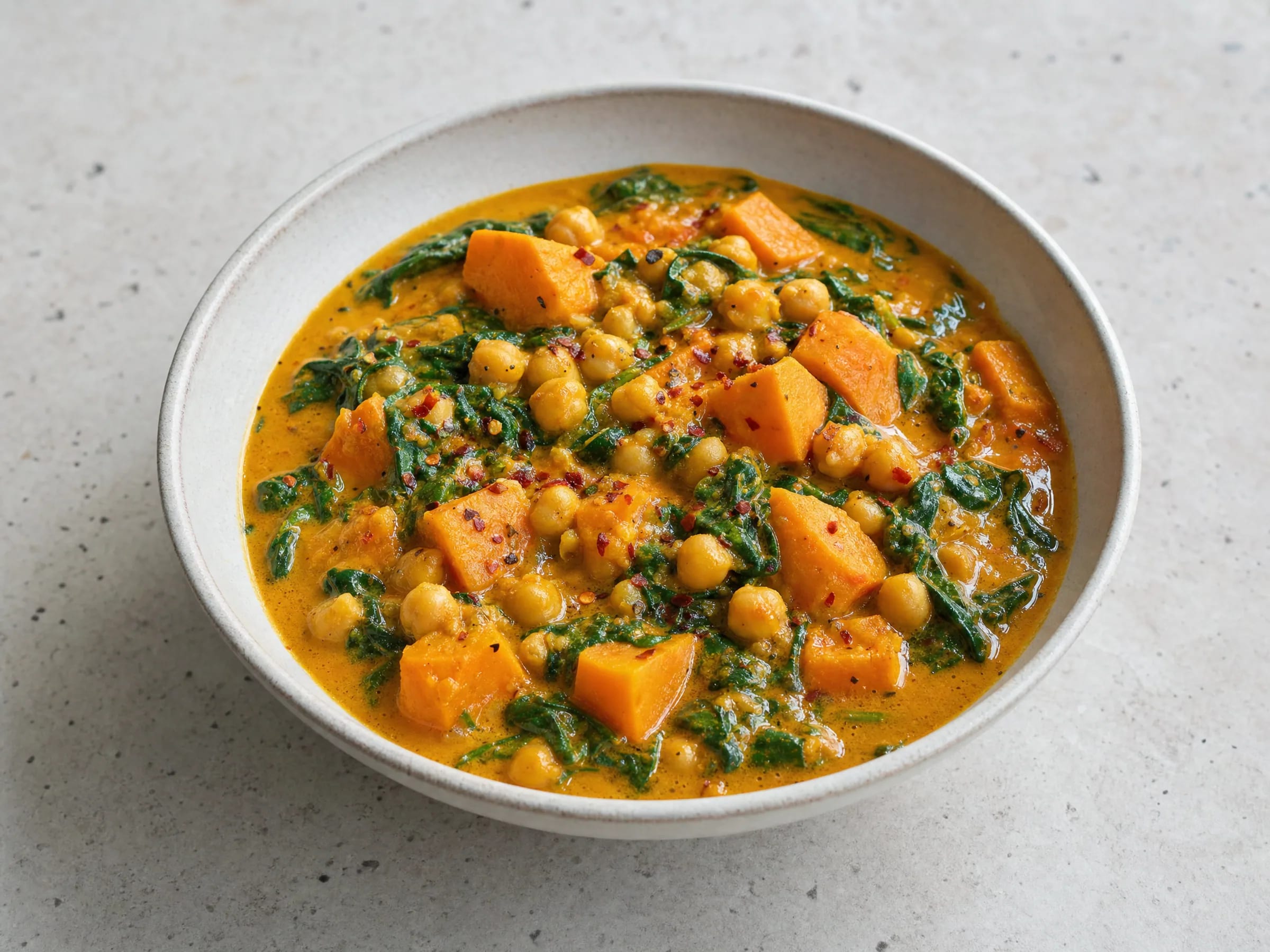 Kichererbsen-Curry mit Süßkartoffel, Kokosmilch und Spinat fertig angerichtet