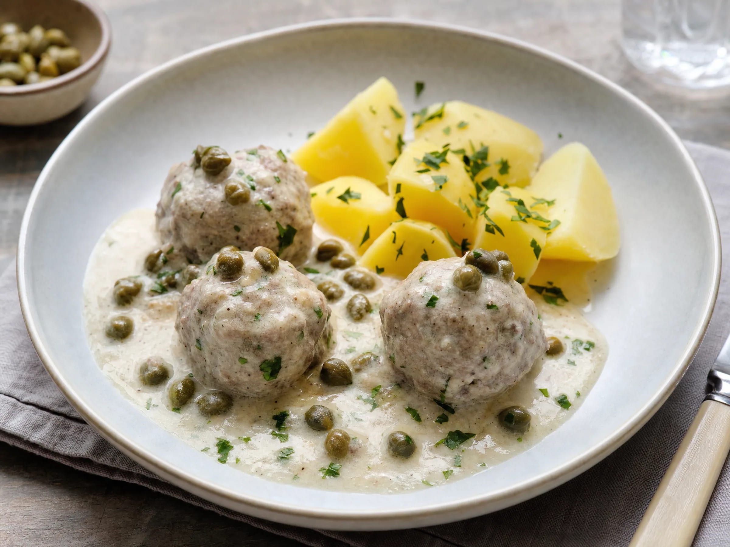 Königsberger Klopse mit heller Kapernsauce fertig angerichtet
