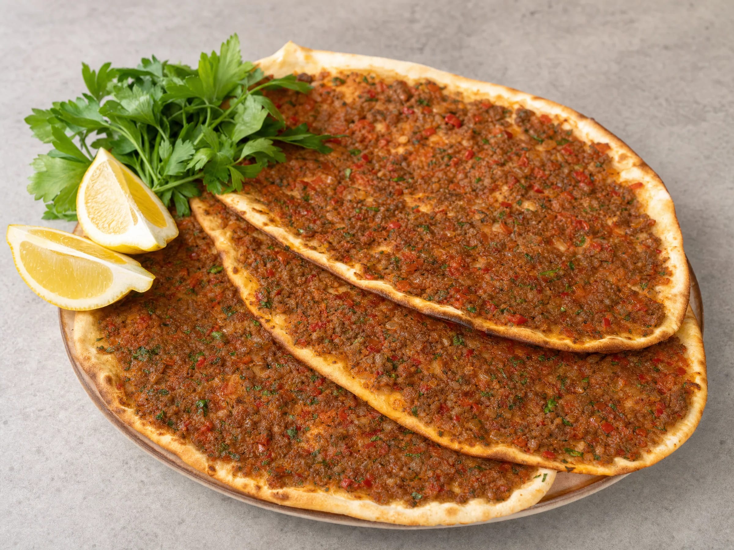 Lahmacun aus dem Ofen mit dünnem Teig und Hackbelag fertig angerichtet