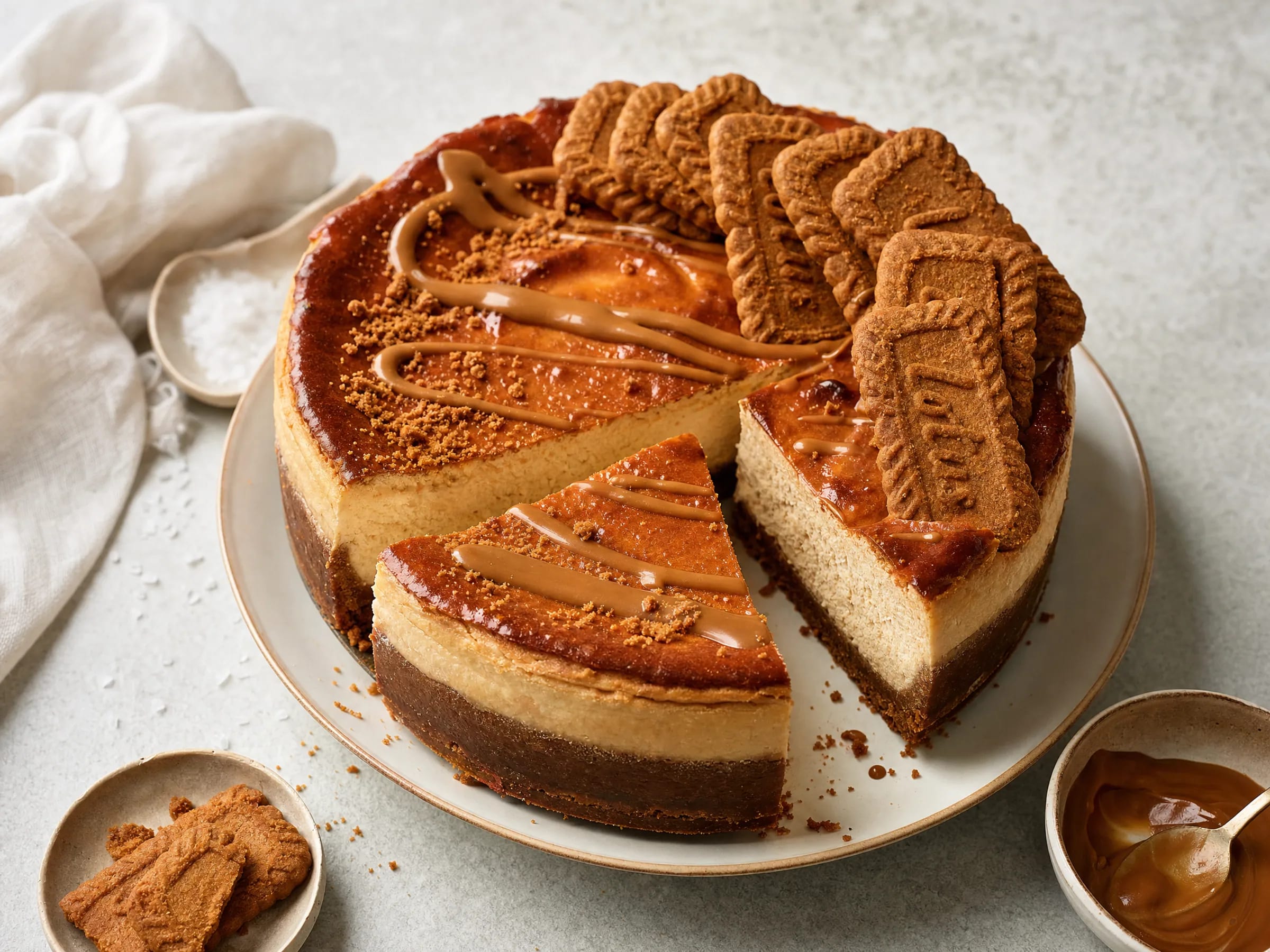 Lotus Cheesecake gebacken mit Biscoff-Boden fertig angerichtet