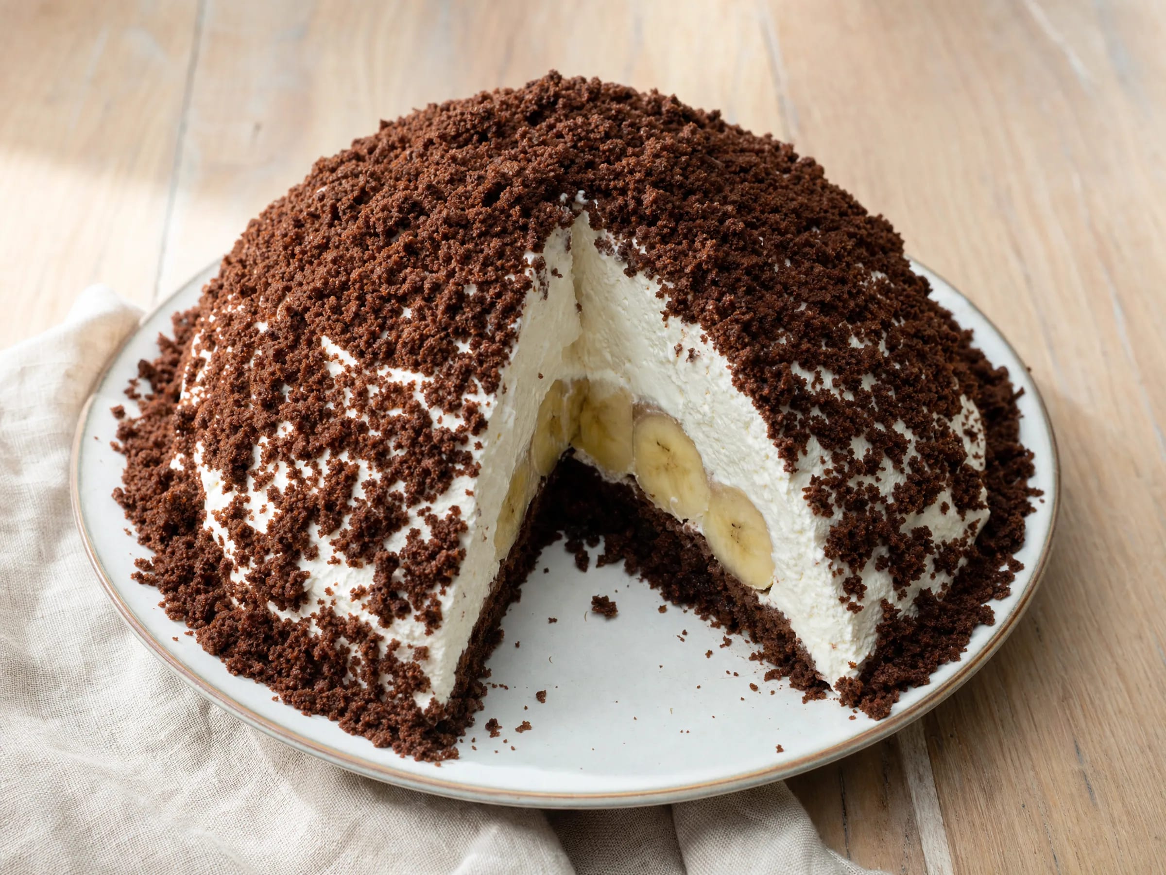 Maulwurfkuchen mit Banane und Sahnekuppel fertig angerichtet