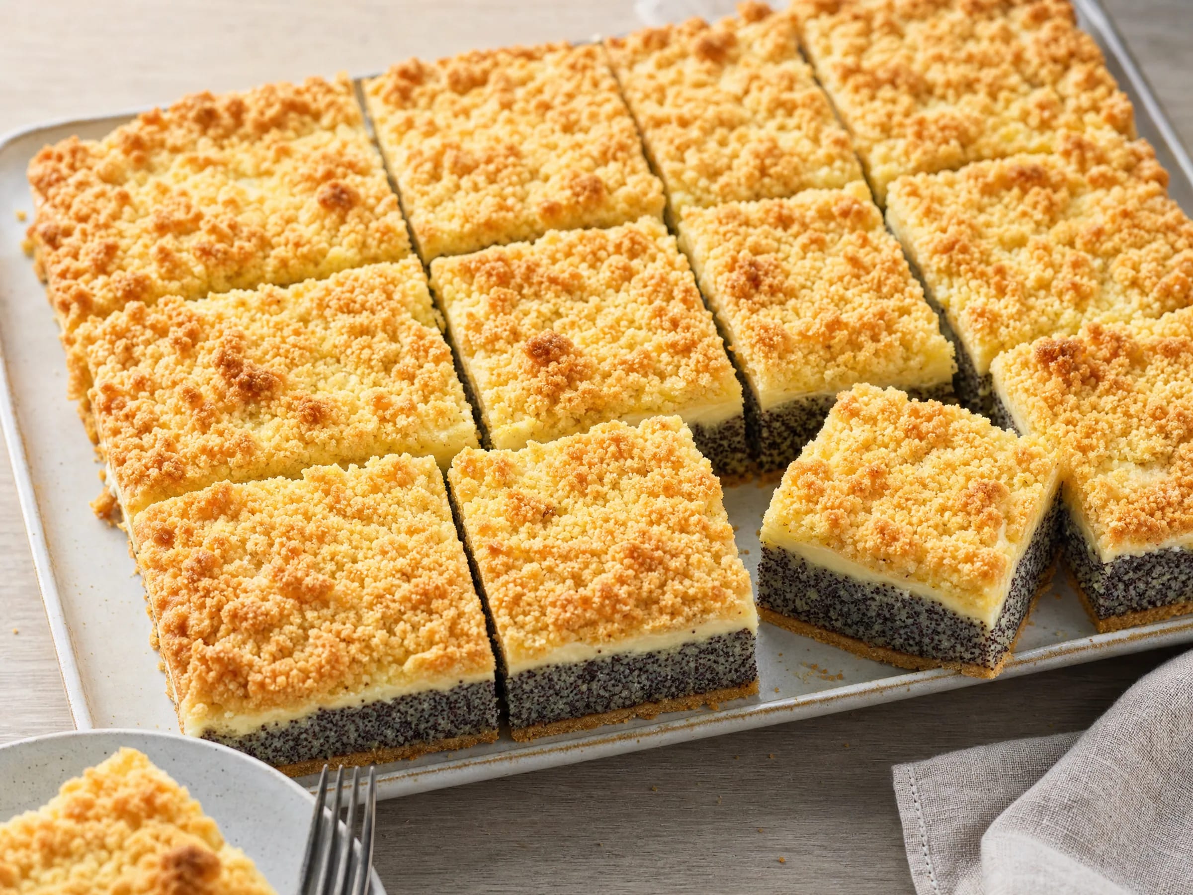 Mohnkuchen vom Blech mit Streuseln und Schmandfüllung fertig angerichtet