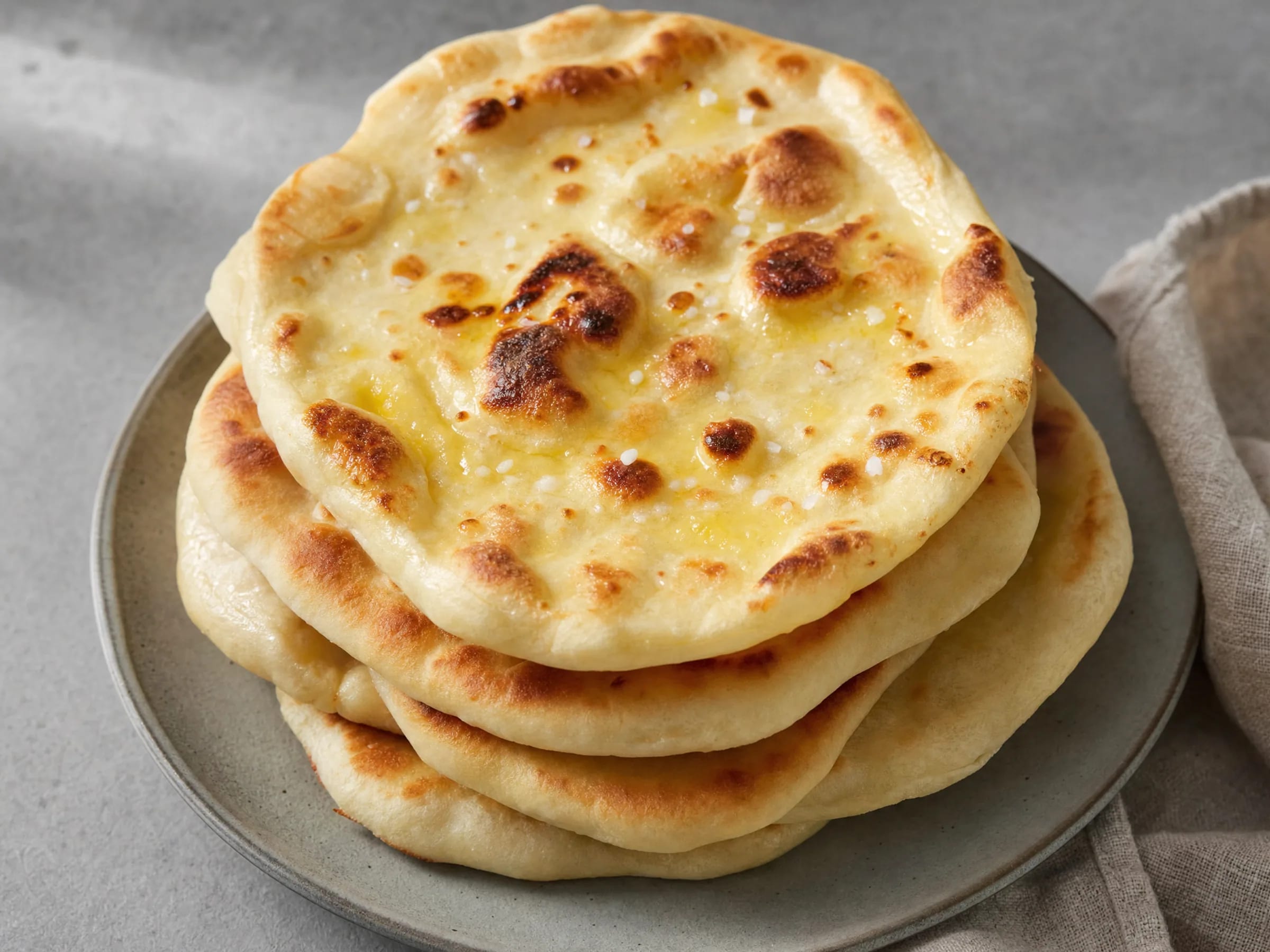 Naan-Brot aus der heißen Pfanne – weich und blasig fertig angerichtet