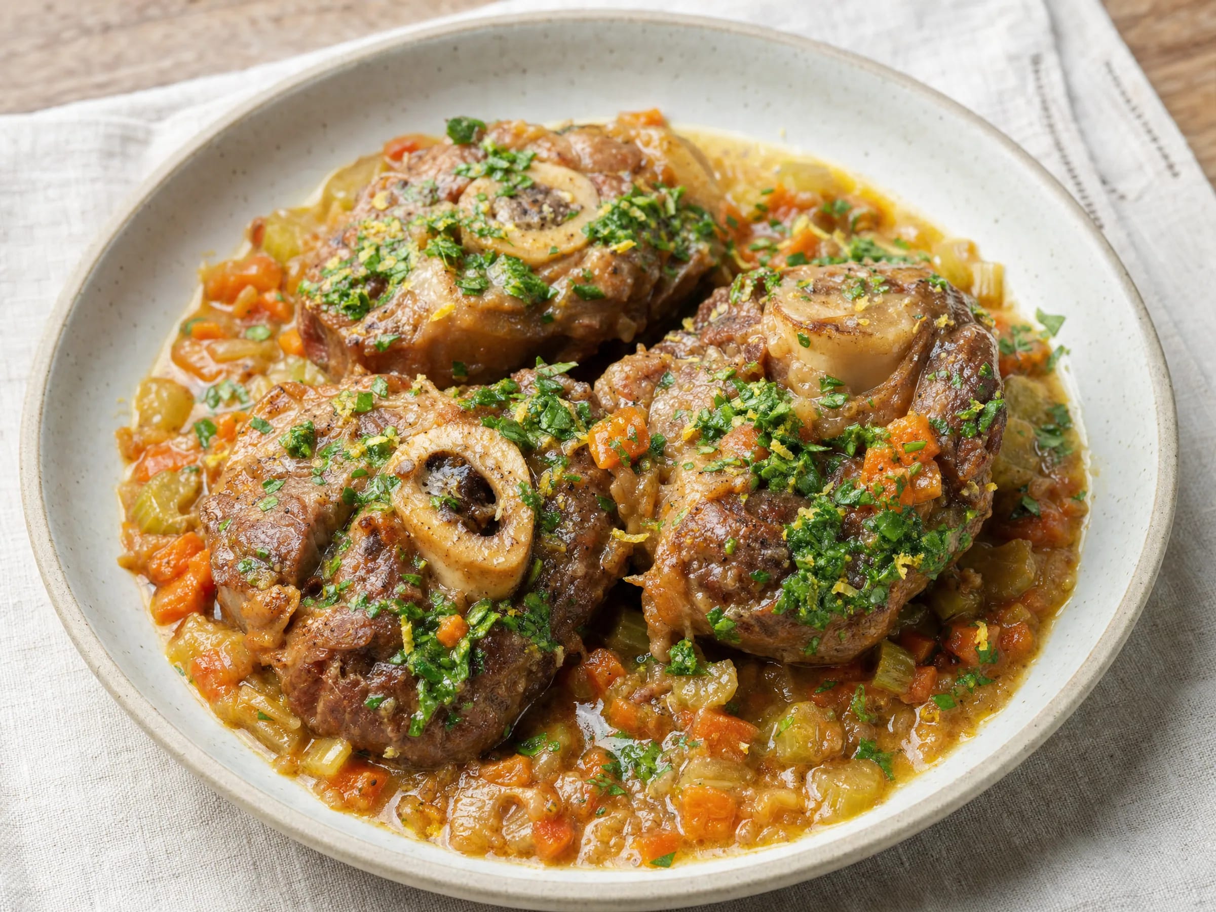 Ossobuco alla milanese mit Gremolata fertig angerichtet