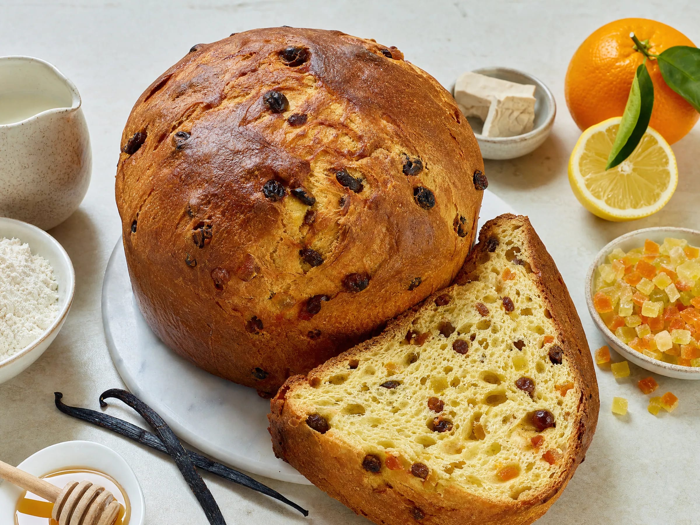 Panettone mit Hefe luftig und fruchtig fertig angerichtet