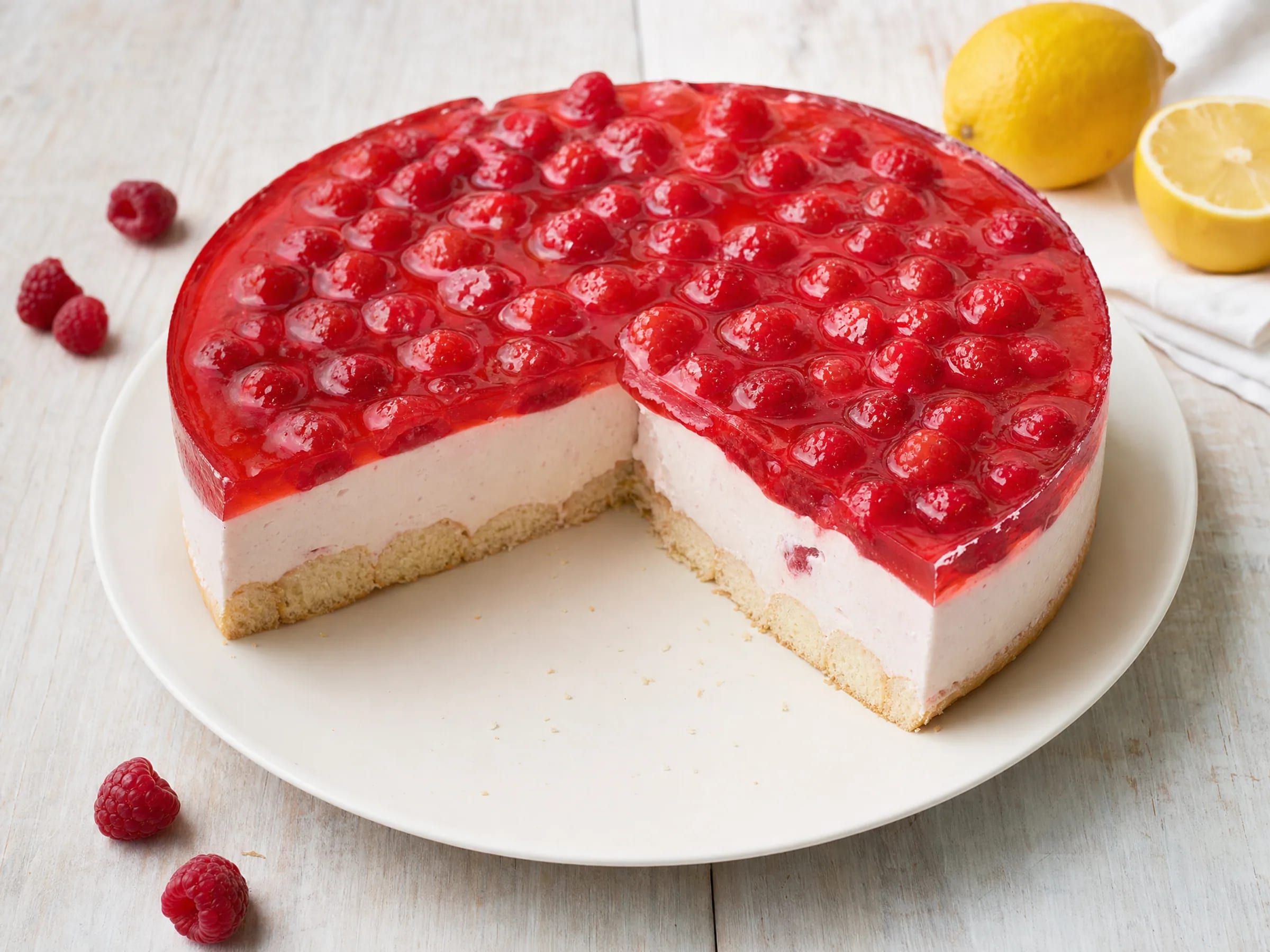 Philadelphia-Torte mit Himbeeren und Götterspeise-Creme fertig angerichtet