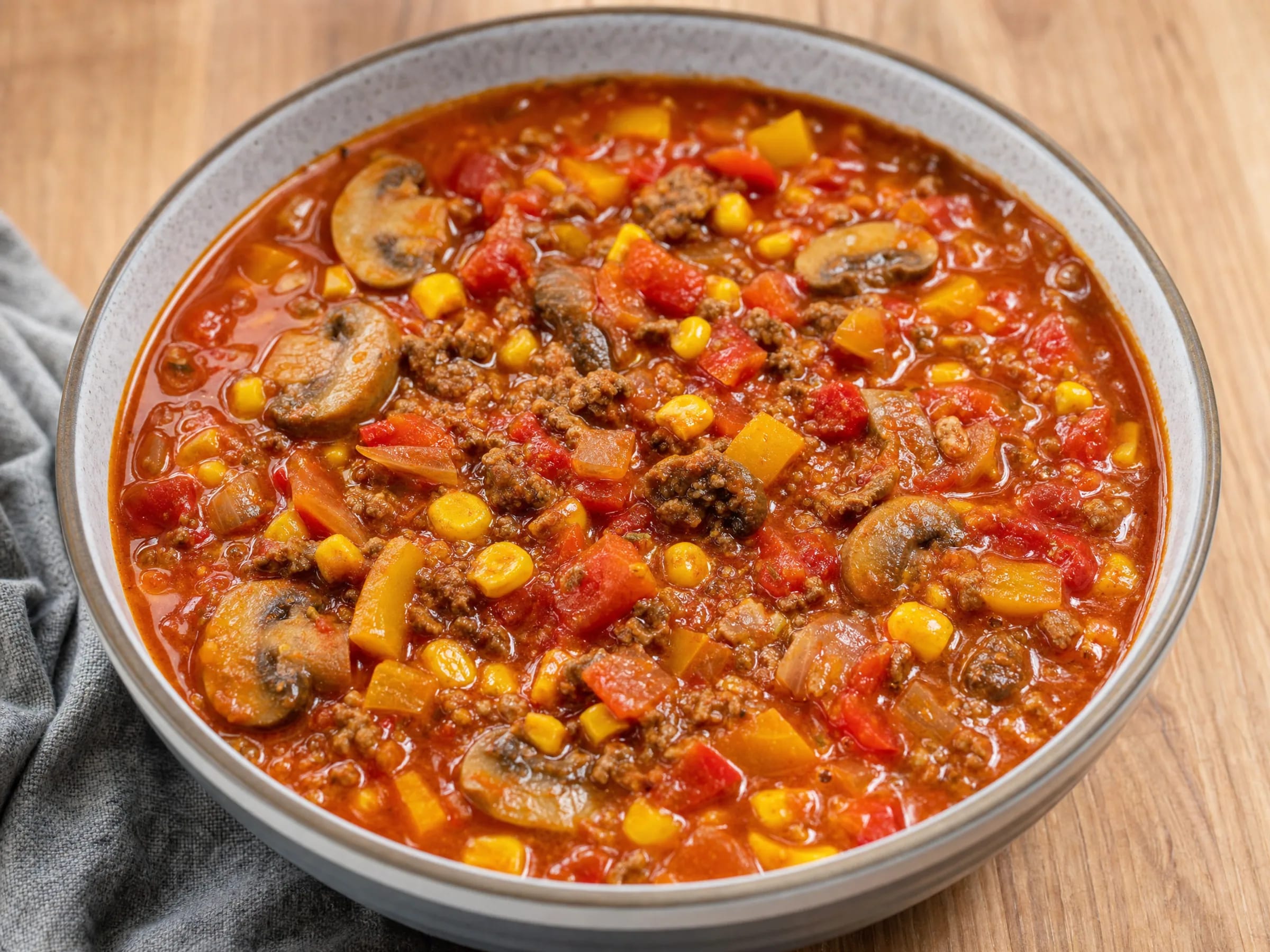 Pizzasuppe mit Hackfleisch, Paprika und Champignons fertig angerichtet