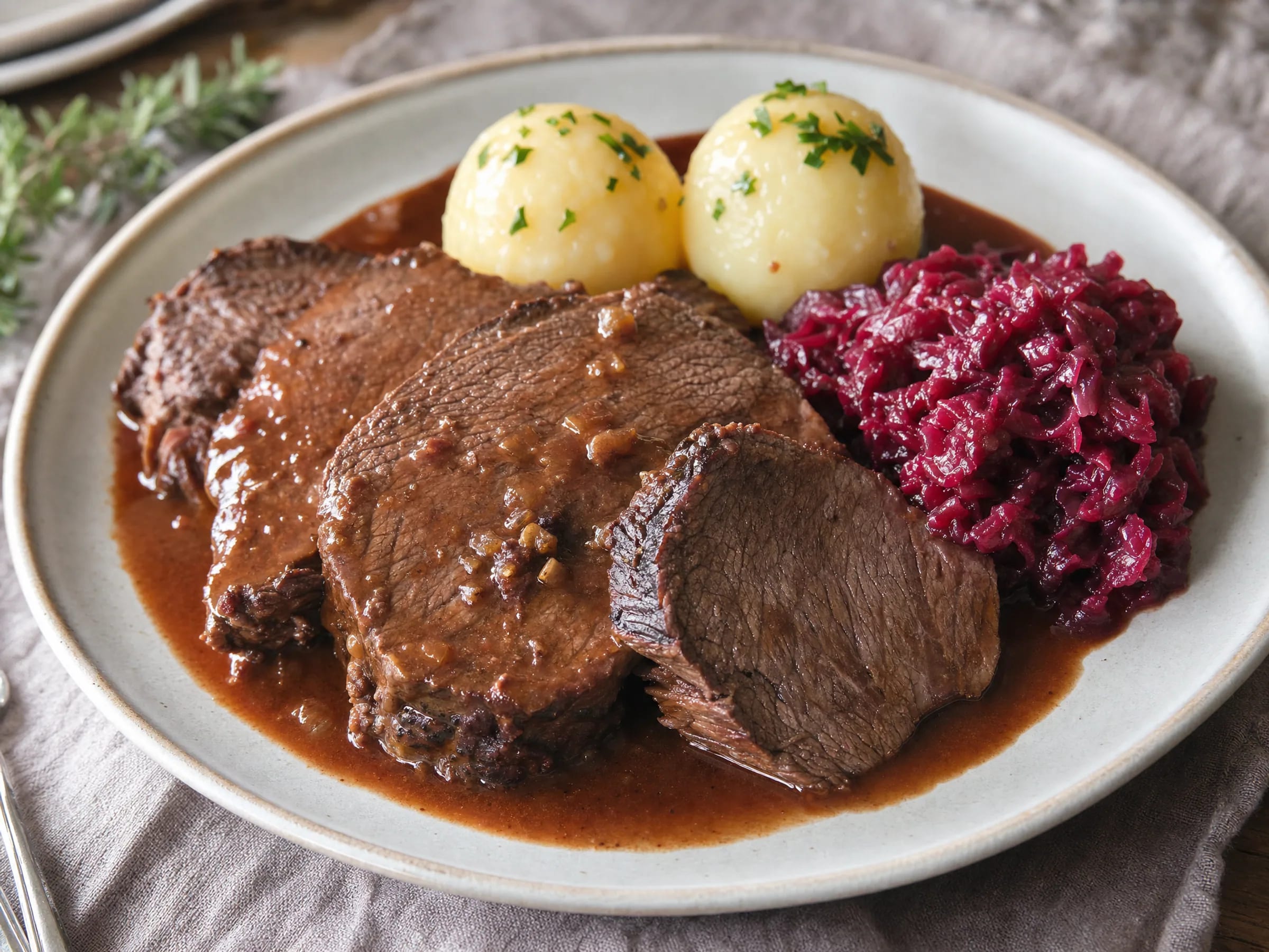 Sauerbraten aus dem Backofen mit rheinischer Printensauce fertig angerichtet