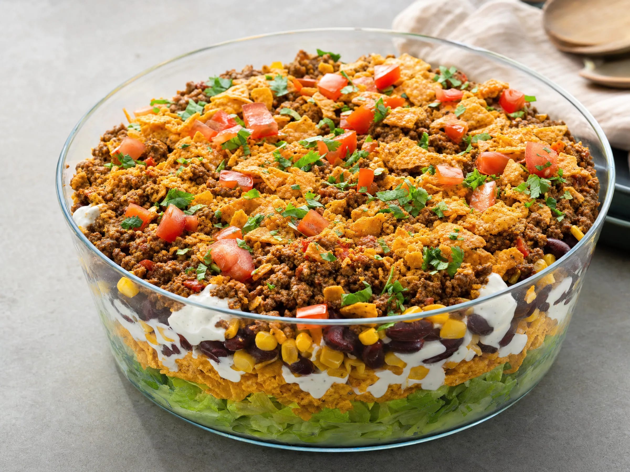 Schichtsalat mit Nachos und Tex-Mex-Hack fertig angerichtet