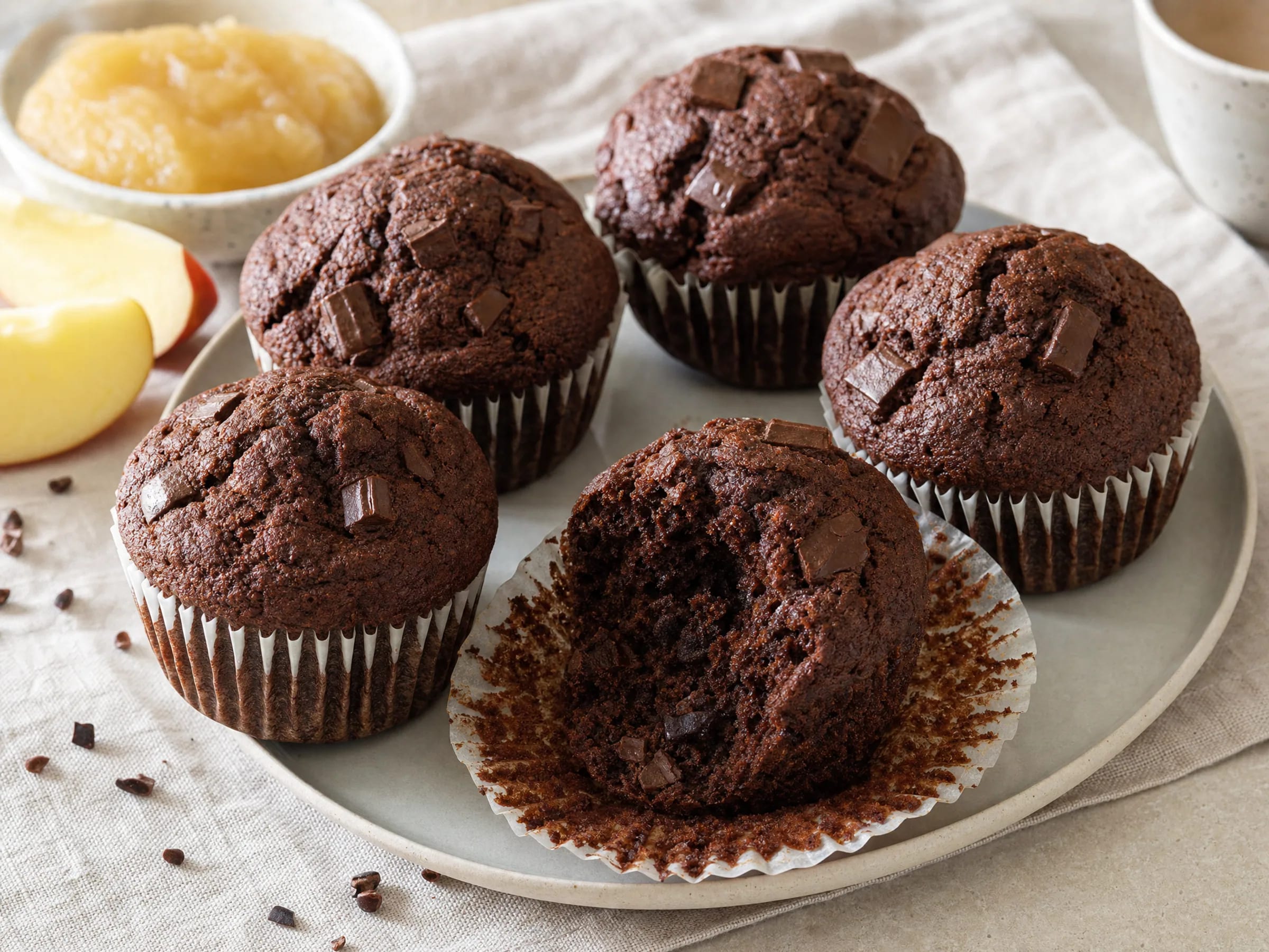 Schokomuffins vegan – saftig mit Apfelmark und Schokostücken fertig angerichtet