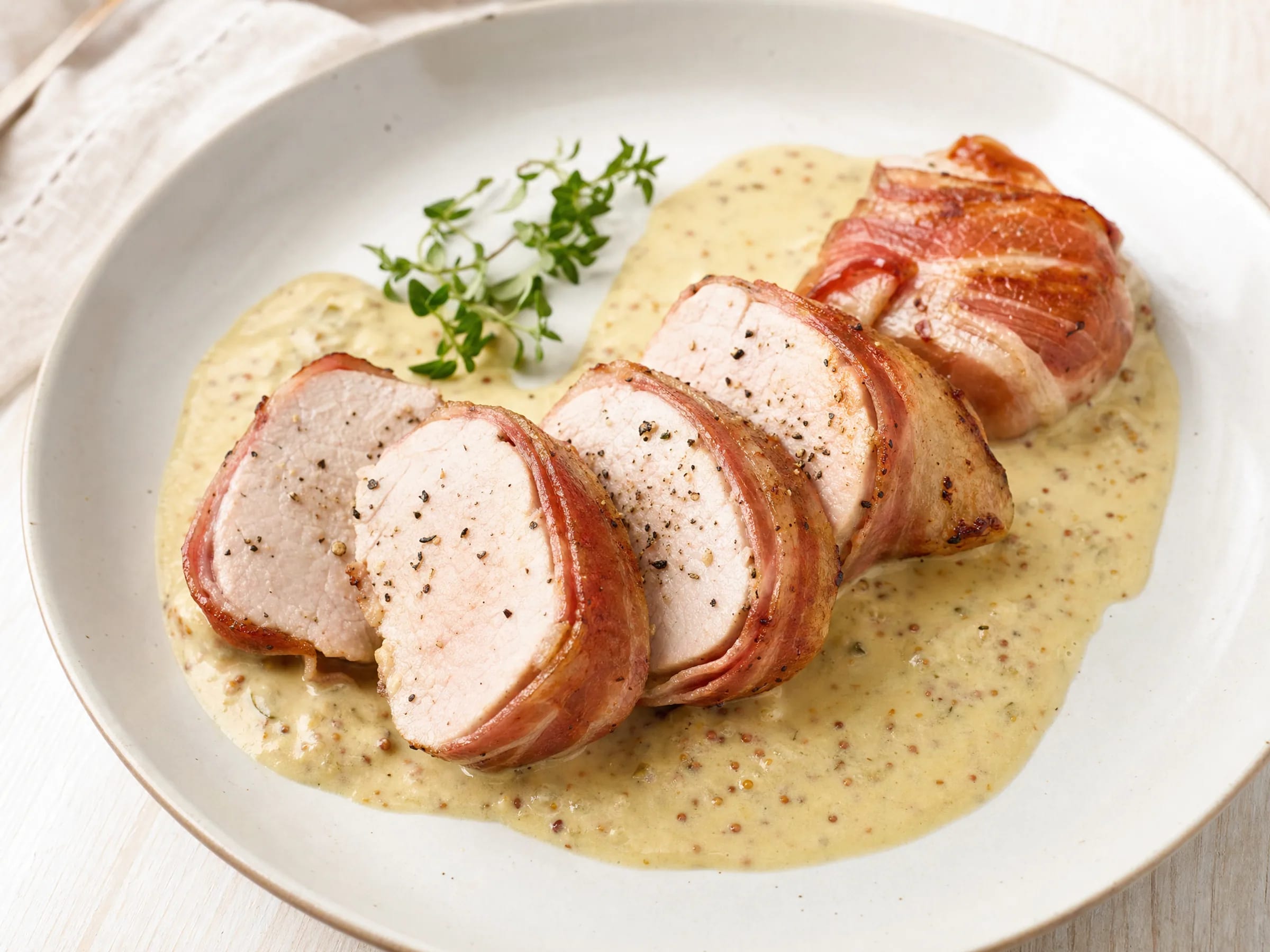 Schweinefilet im Speckmantel mit Senf-Sahne-Soße fertig angerichtet