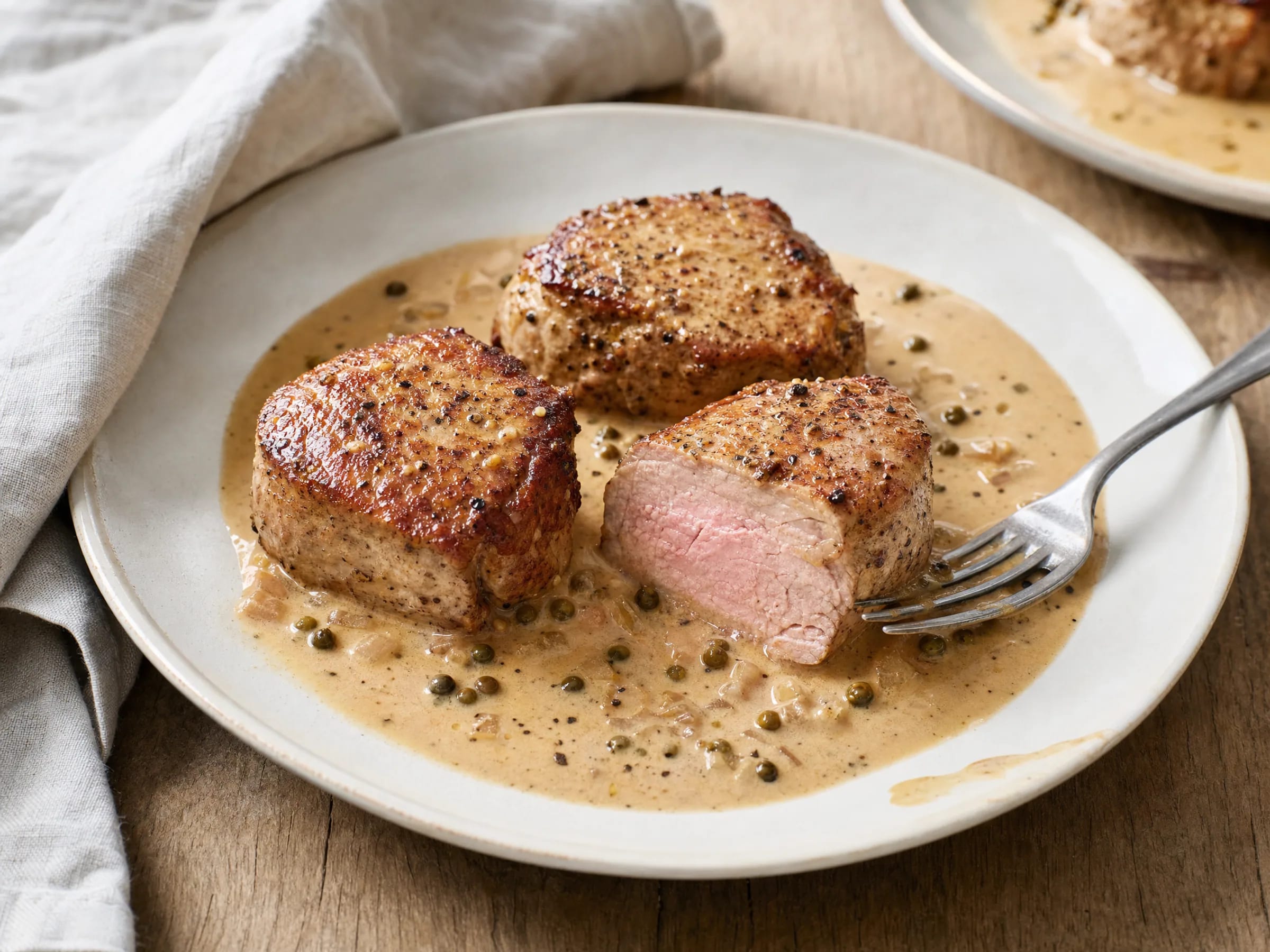 Schweinemedaillons in Pfefferrahmsoße aus der Pfanne fertig angerichtet