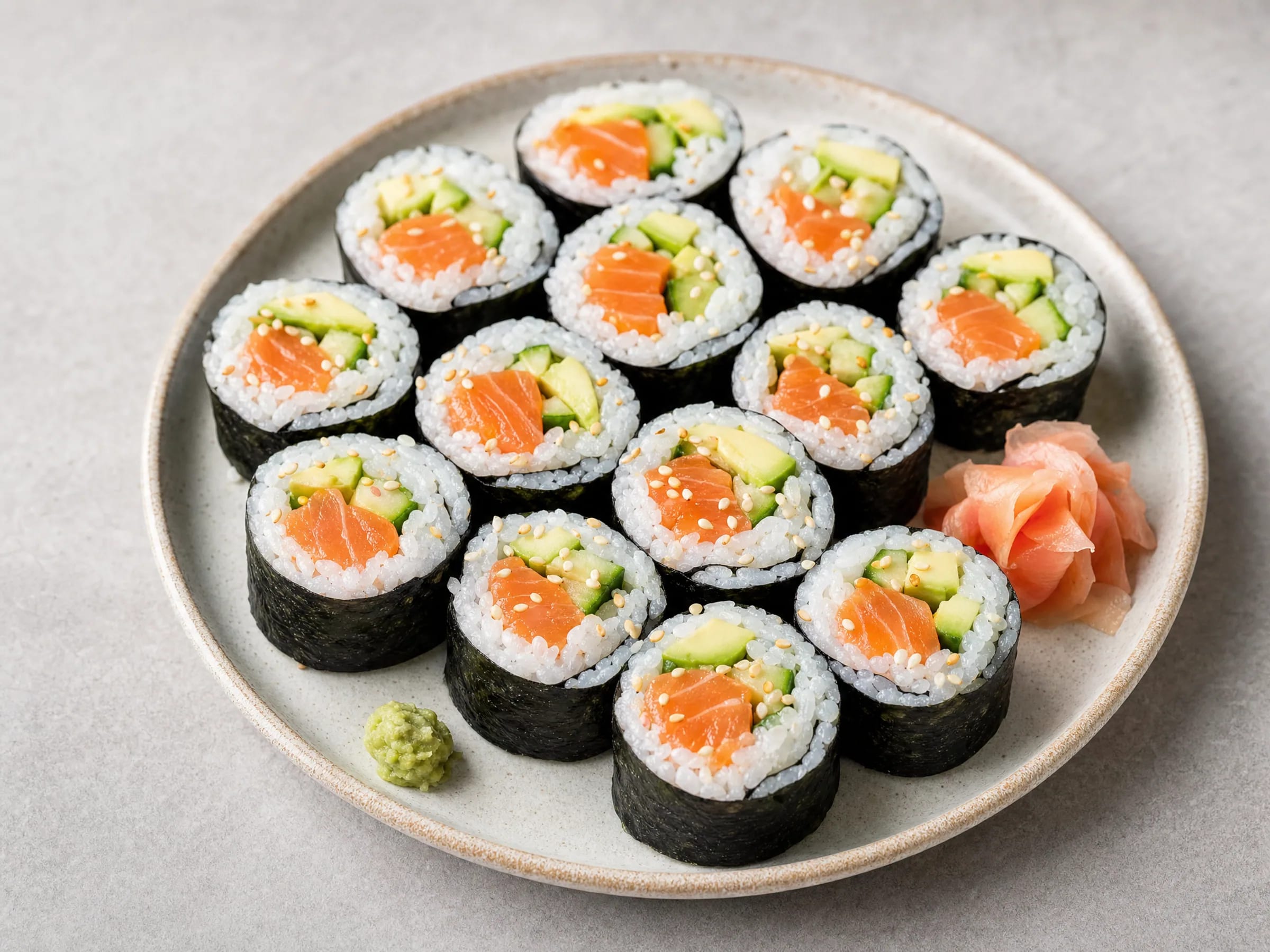 Sushi selber machen: Maki mit Lachs und Reis fertig angerichtet