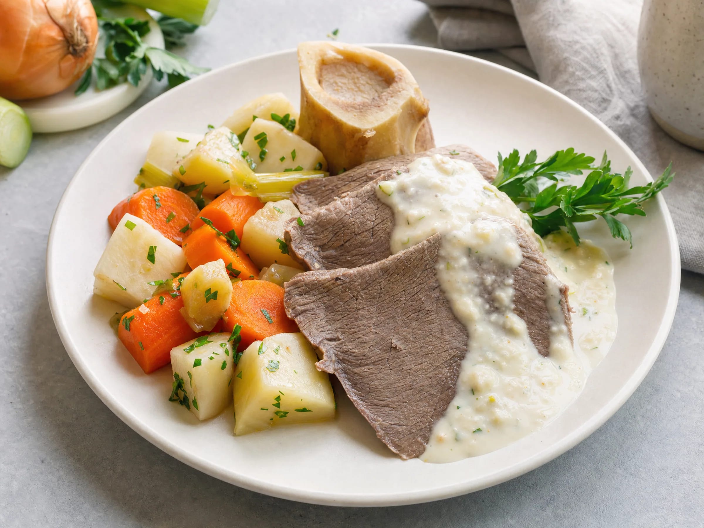 Tafelspitz mit Meerrettichsoße aus dem Sud fertig angerichtet