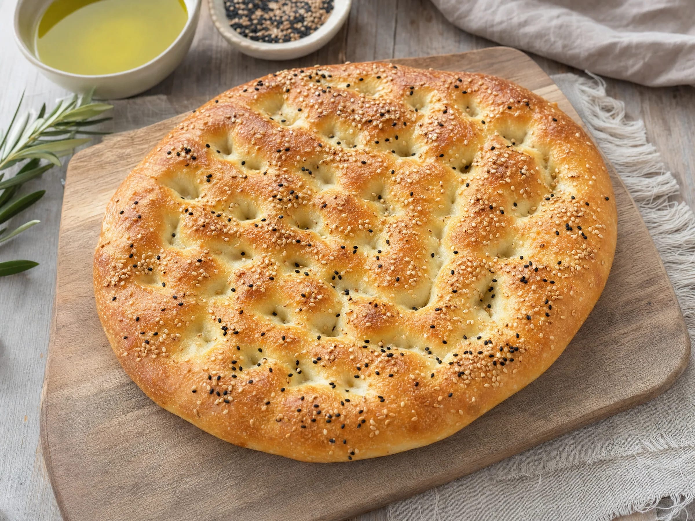 Fladenbrot türkisch luftig mit Sesamkruste fertig angerichtet