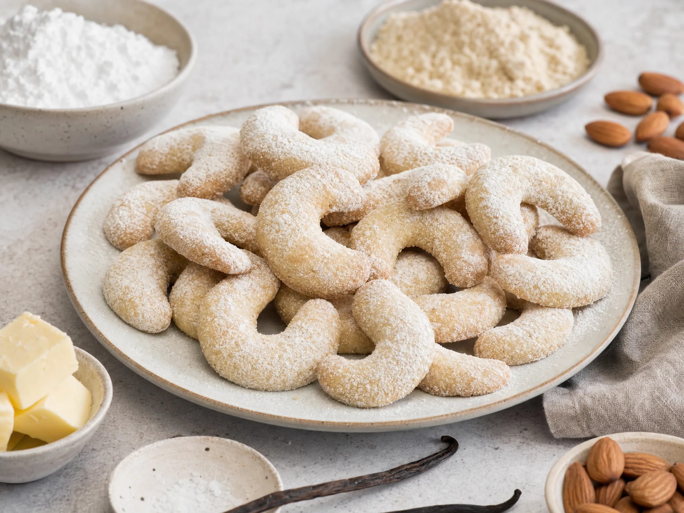 Vanillekipferl mit Mandeln – mürb und ohne Ei fertig angerichtet