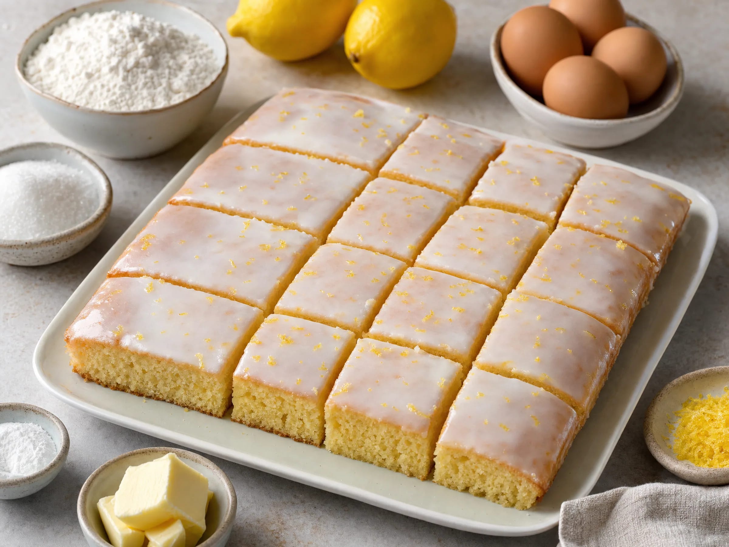 Zitronenkuchen vom Blech mit Joghurt und Zitronenguss fertig angerichtet
