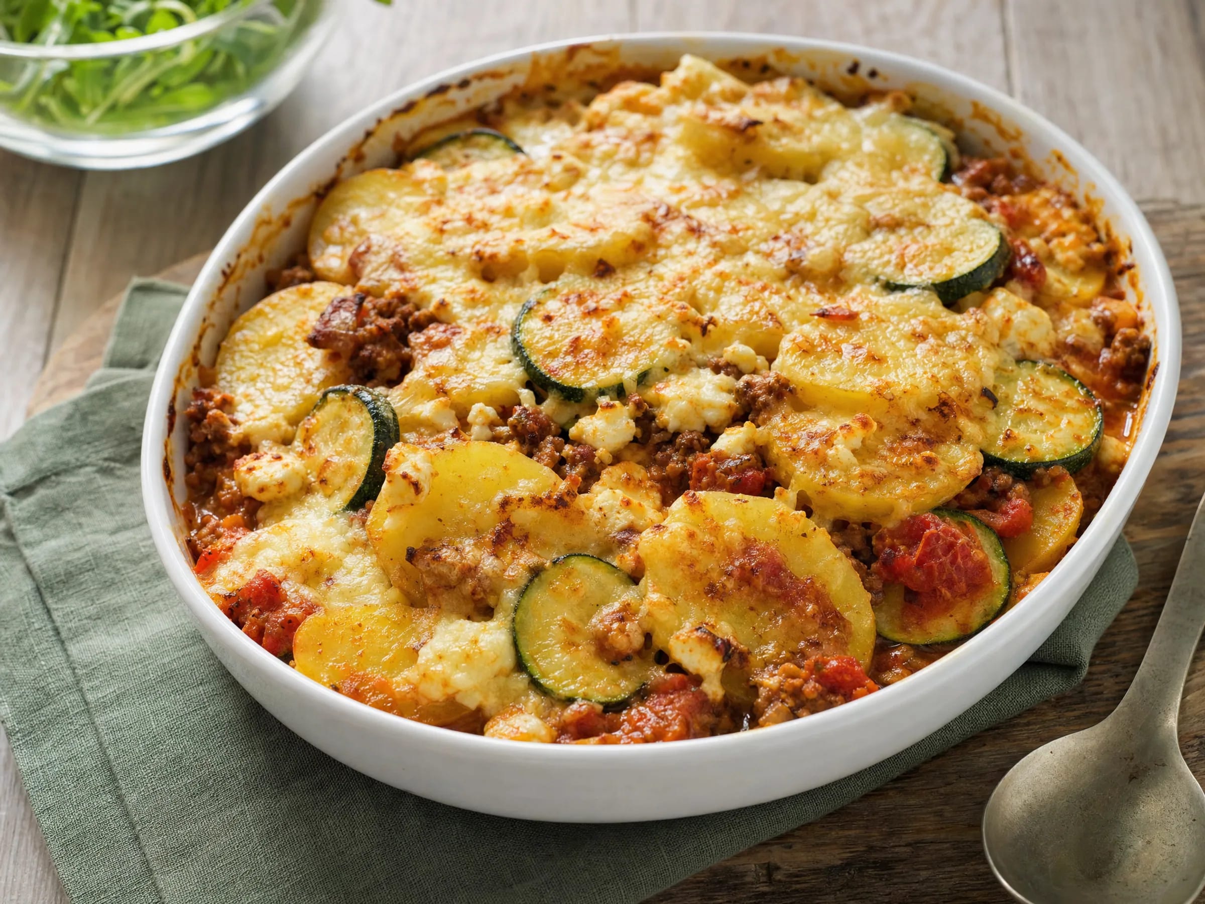 Kartoffel-Hackfleisch-Auflauf mit Zucchini, Feta und Käsekruste Rezeptfoto Kartoffel-Hackfleisch-Auflauf mit Zucchini, Feta und Käsekruste fertig angerichtet