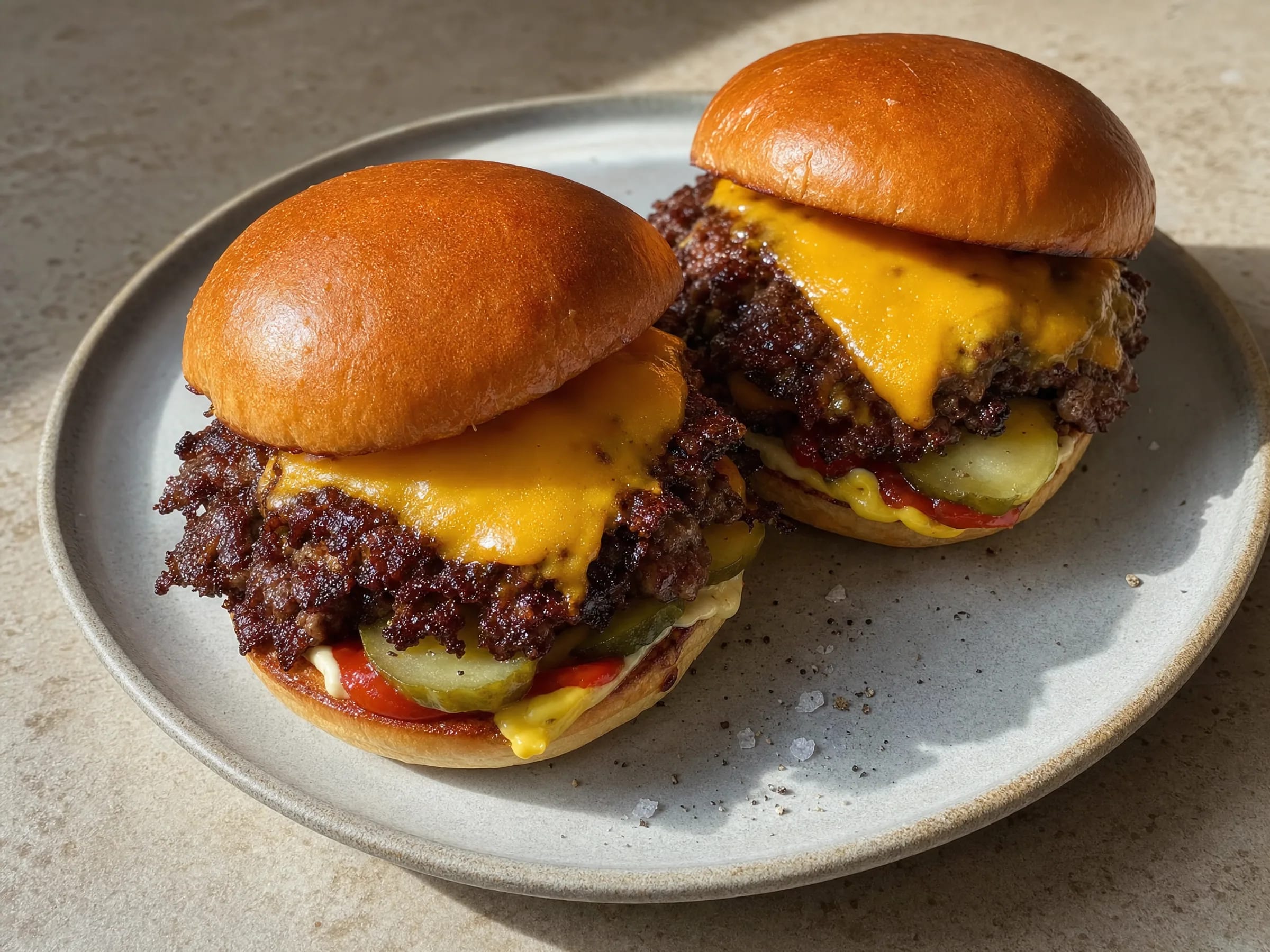 Smash-Burger aus der Pfanne mit krosser Kruste Rezeptfoto Smash-Burger aus der Pfanne mit krosser Kruste fertig angerichtet