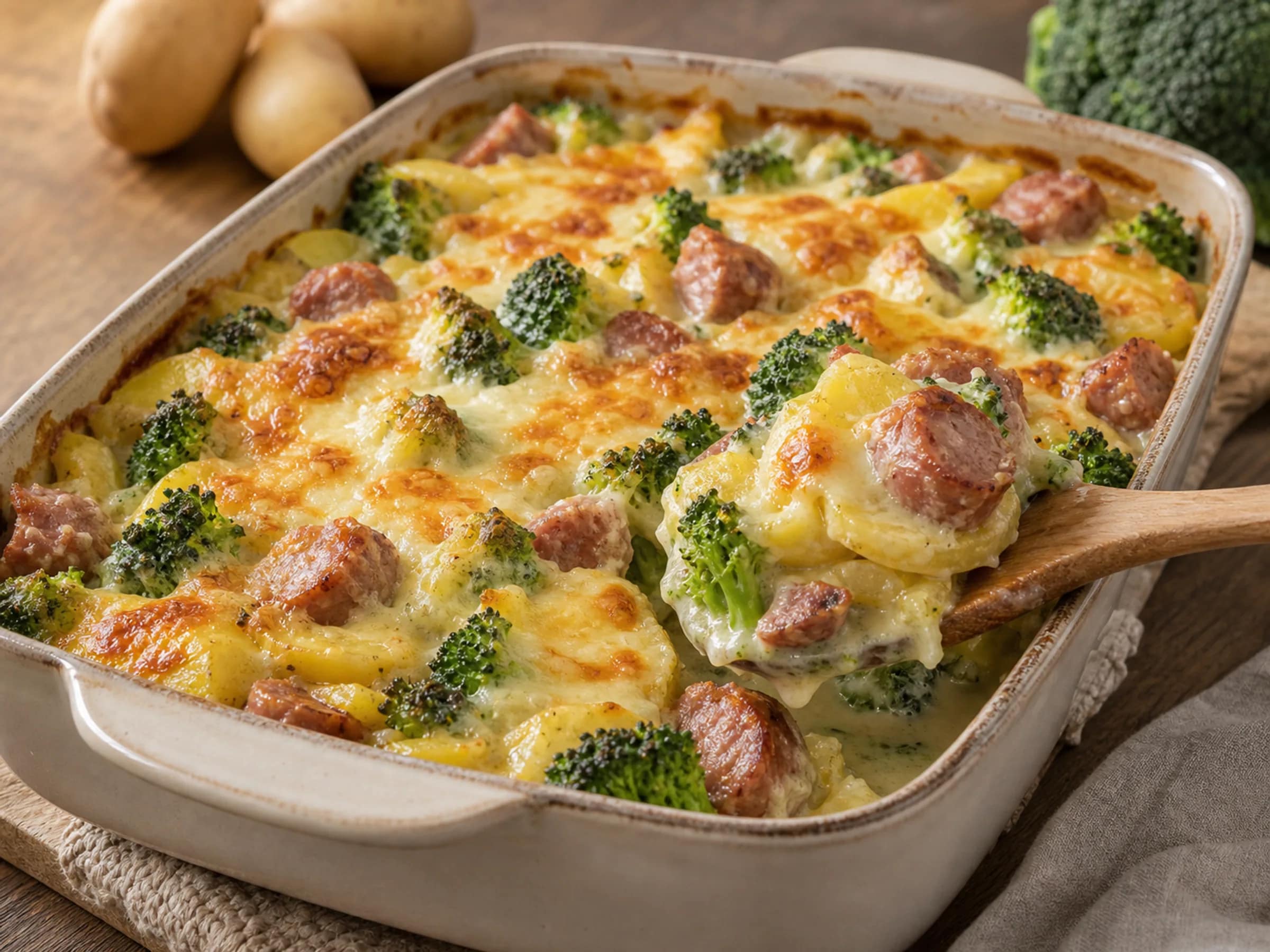 Brokkoli-Kartoffelauflauf mit grober Wurst
