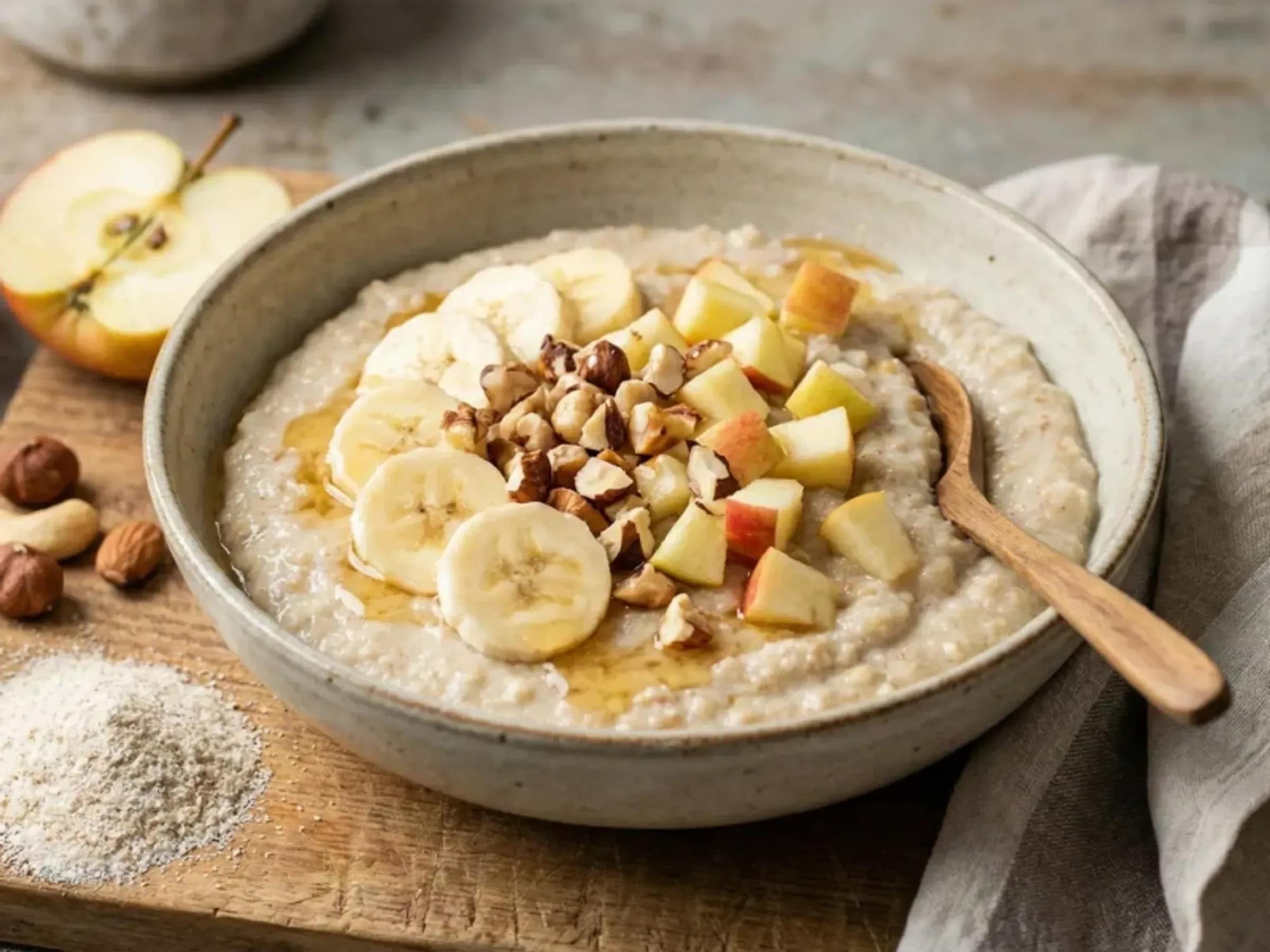 Cremiger Dinkelgrießbrei mit Apfel und Banane