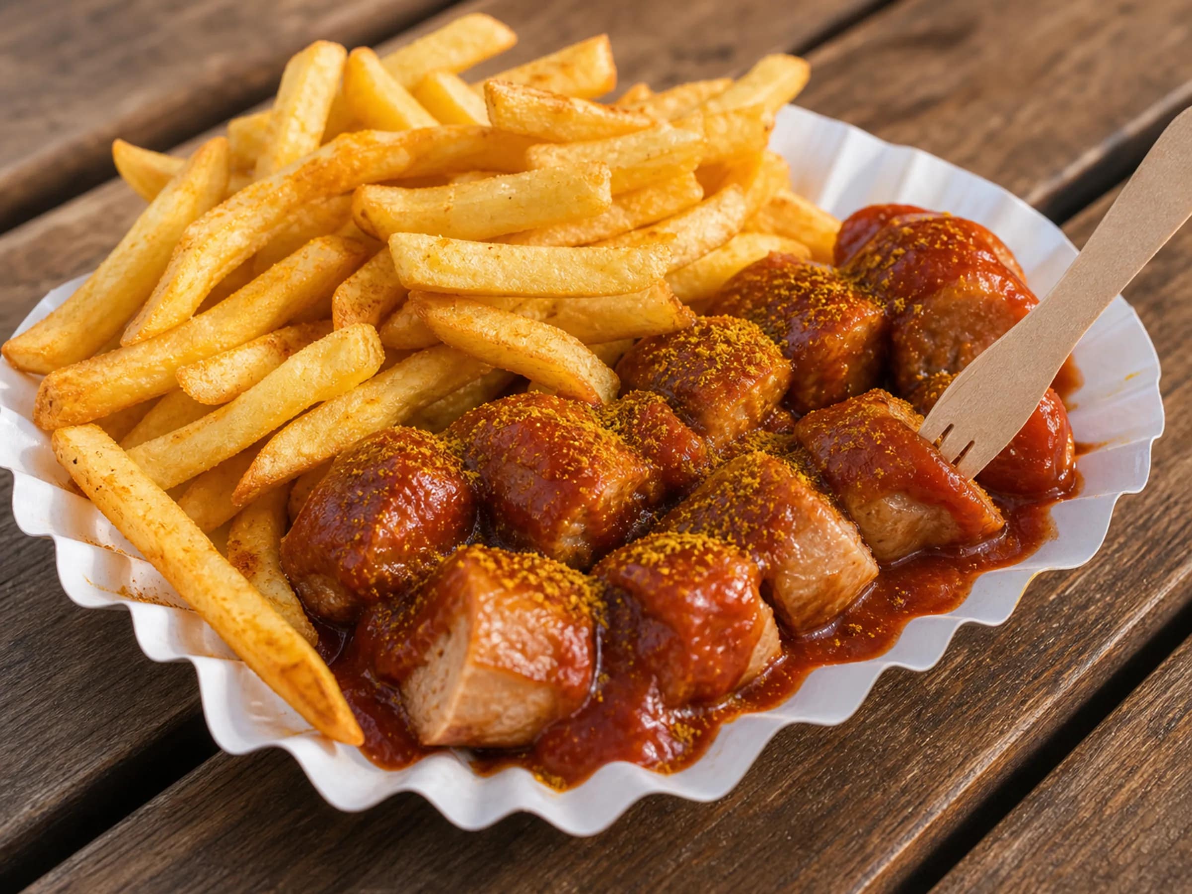 Currywurst mit Pommes wie vom Imbiss
