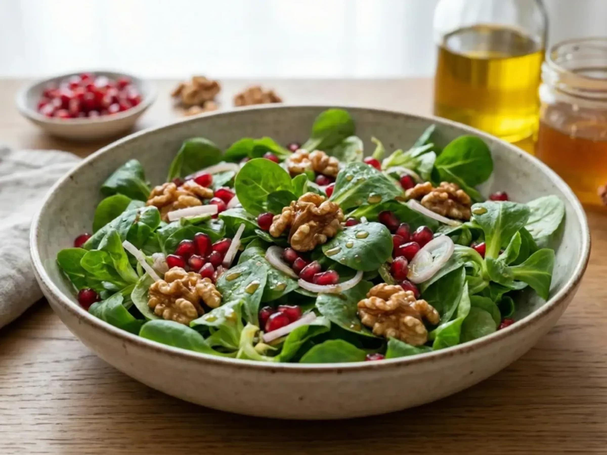 Feldsalat mit Granatapfel, Apfel und Walnüssen