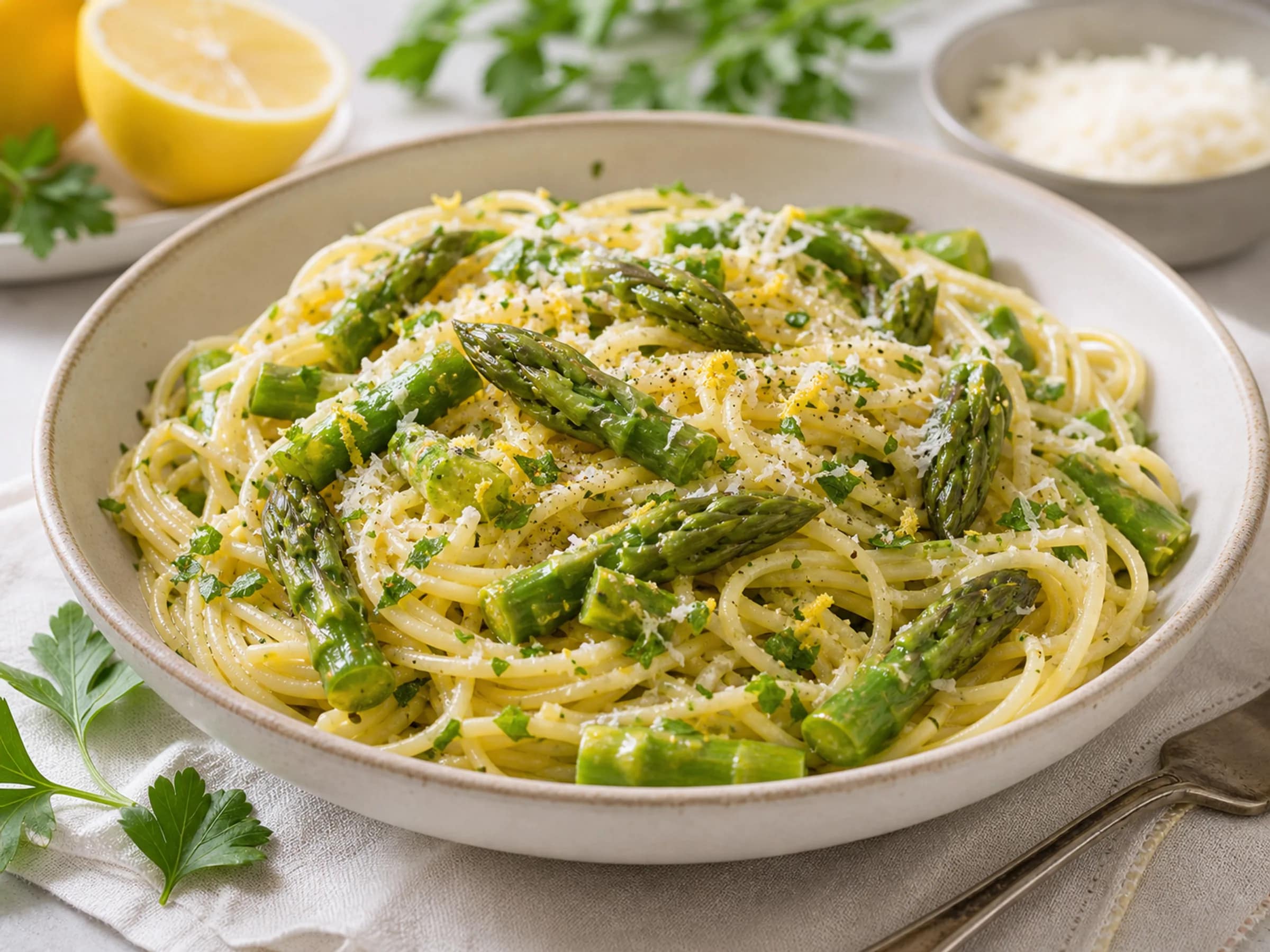 Pasta mit grünem Spargel, Zitrone und Parmesan