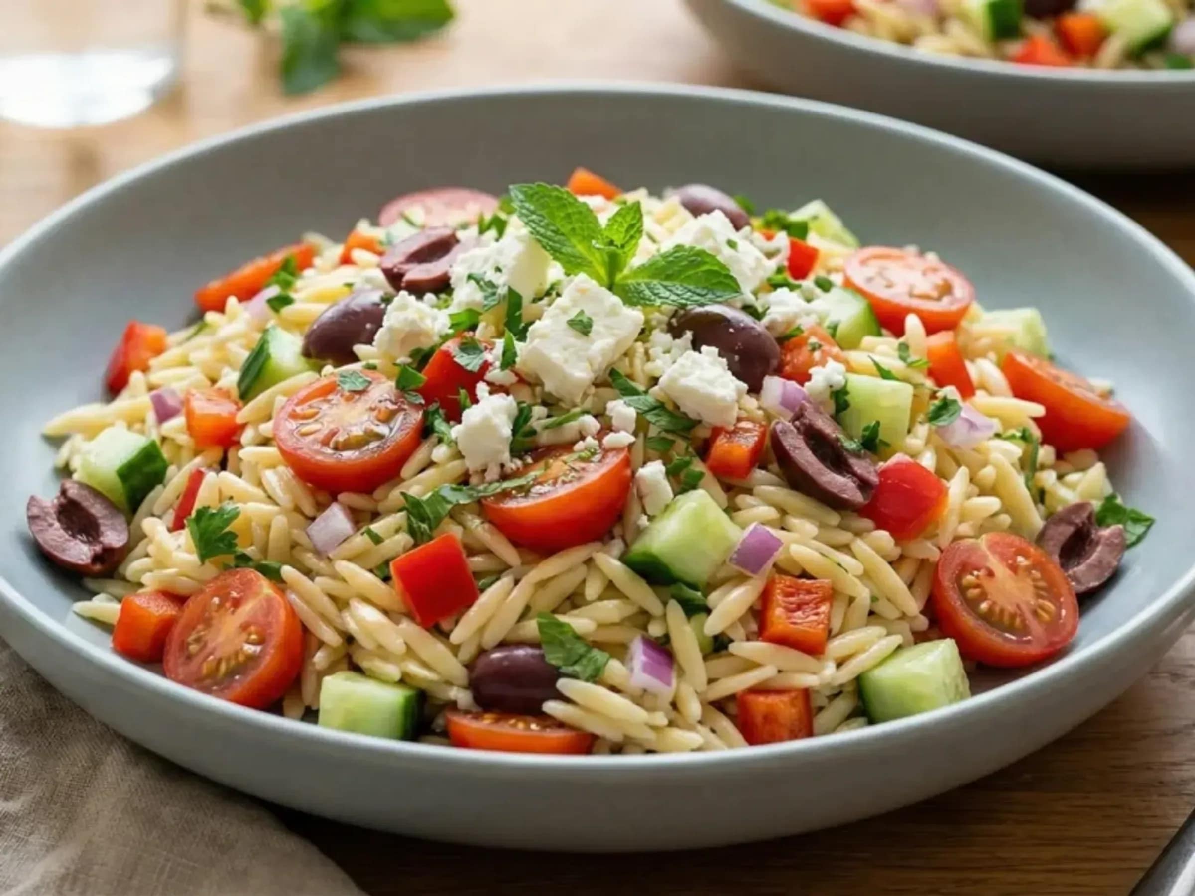 Kritharaki-Salat mit Feta, Oliven und Kichererbsen