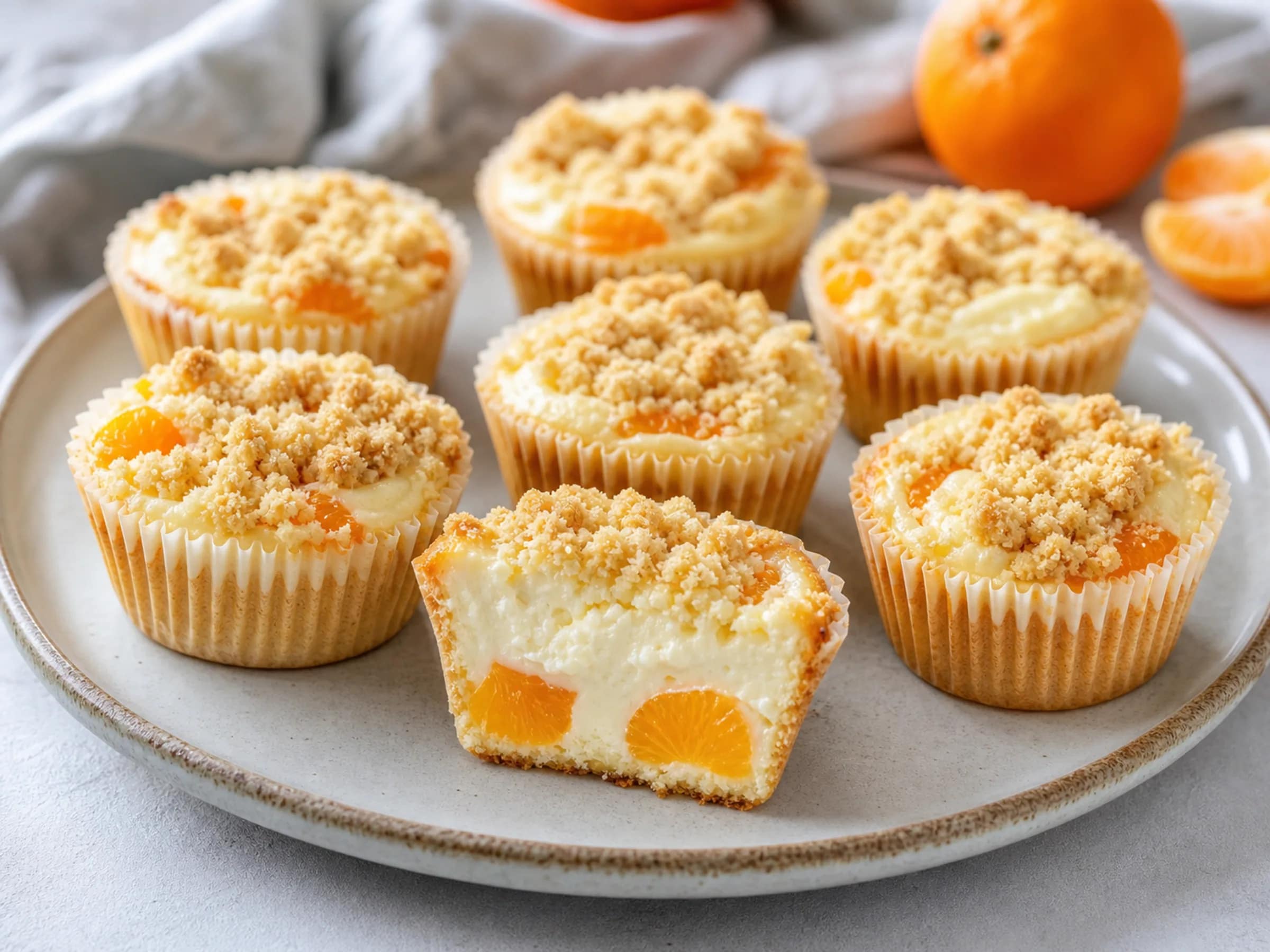 Käsekuchen-Muffins mit Mandarinen und Streuseln