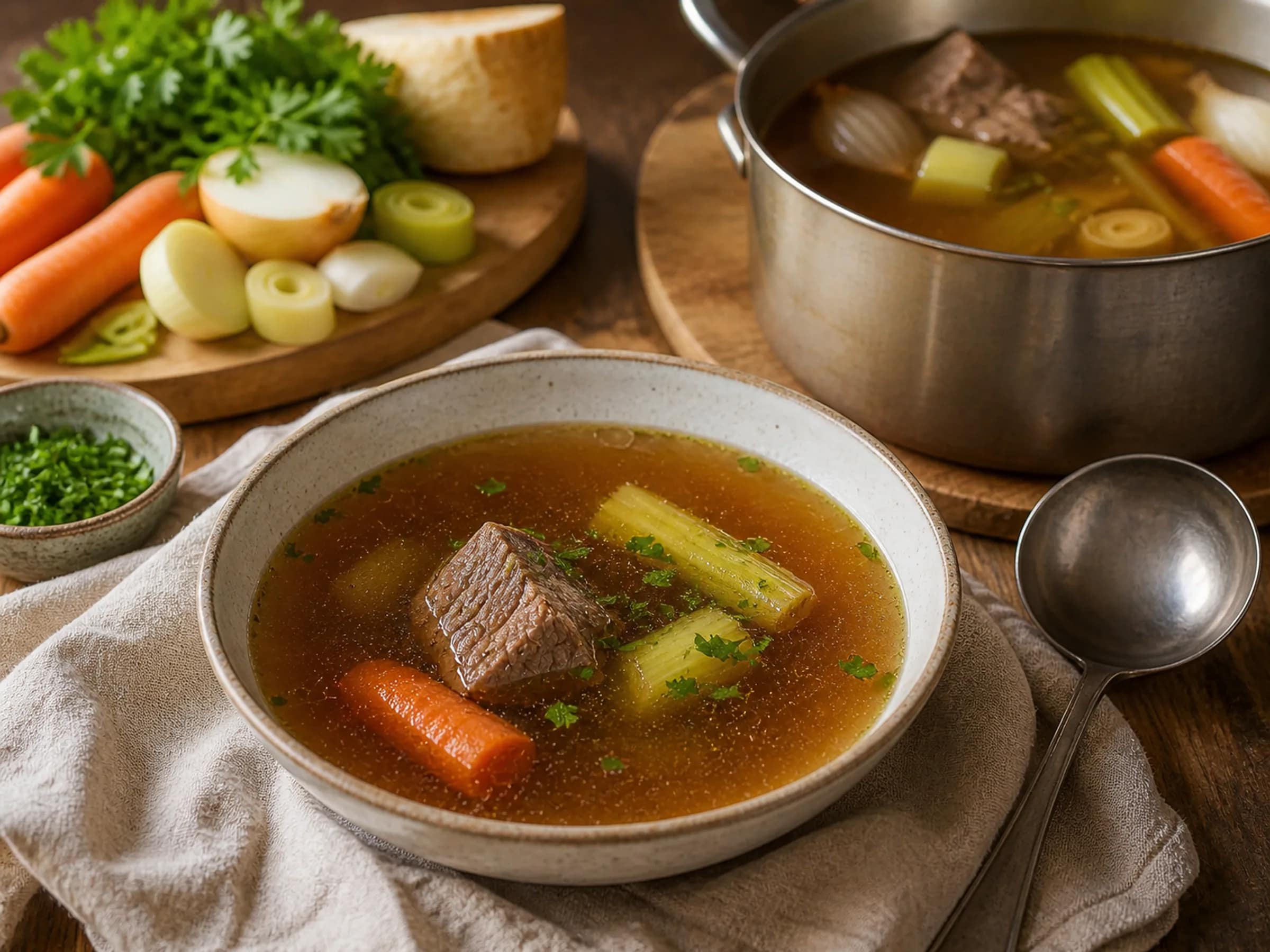 Kräftige Rinderbrühe aus Knochen und Suppenfleisch
