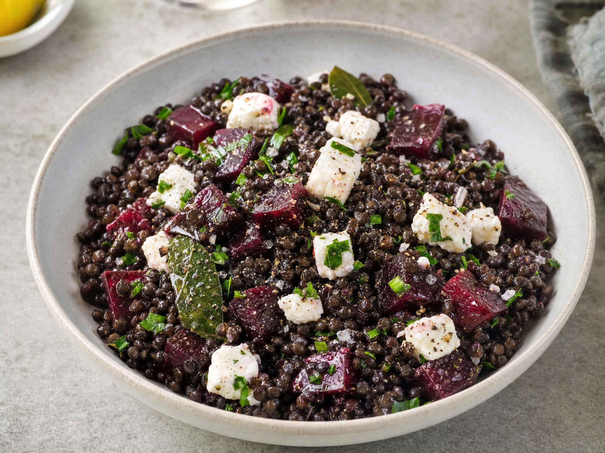 Kerniger Linsensalat mit Belugalinsen, Feta und Roter Bete