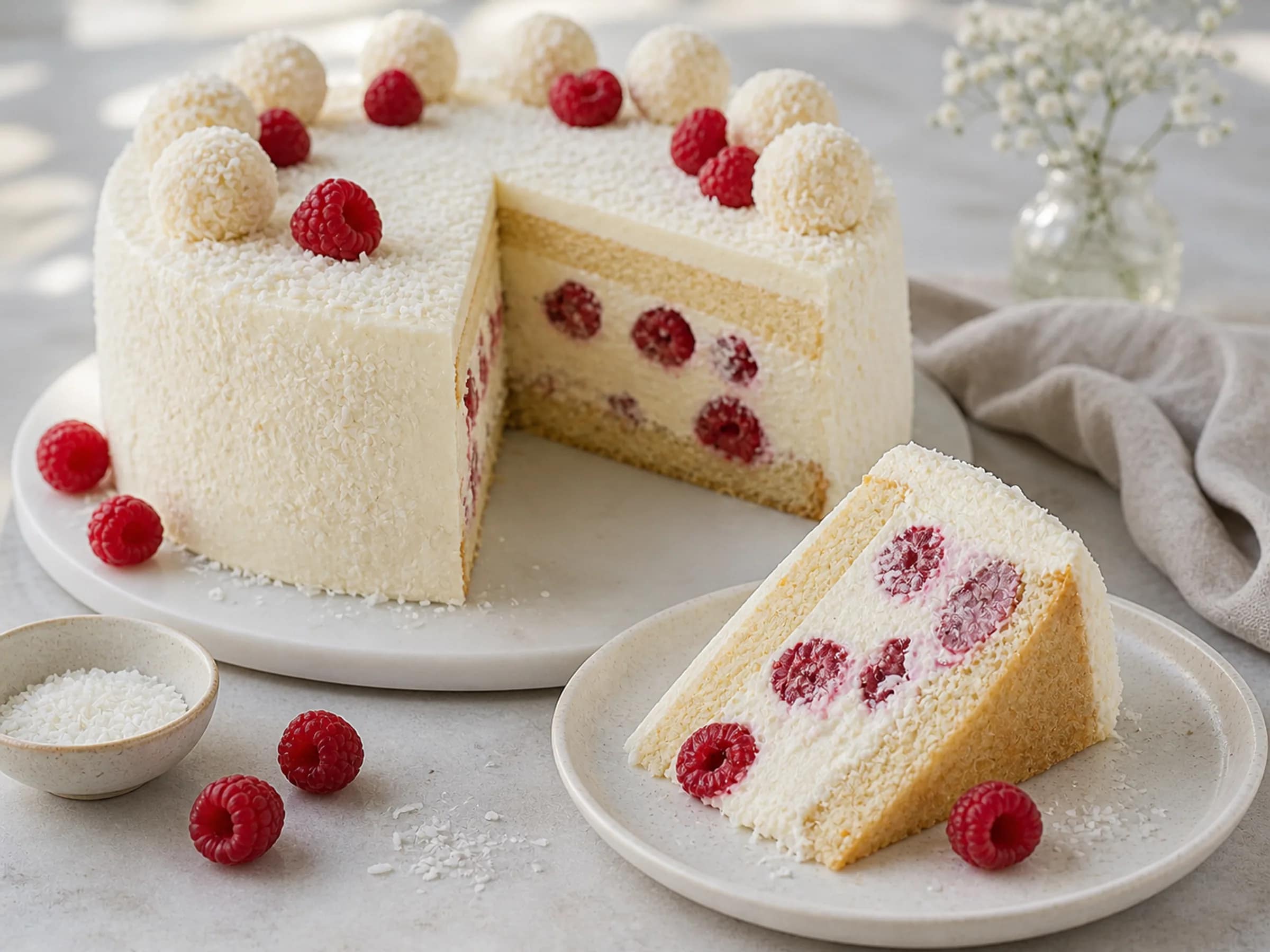 Raffaello-Torte mit Himbeeren ohne Gelatine
