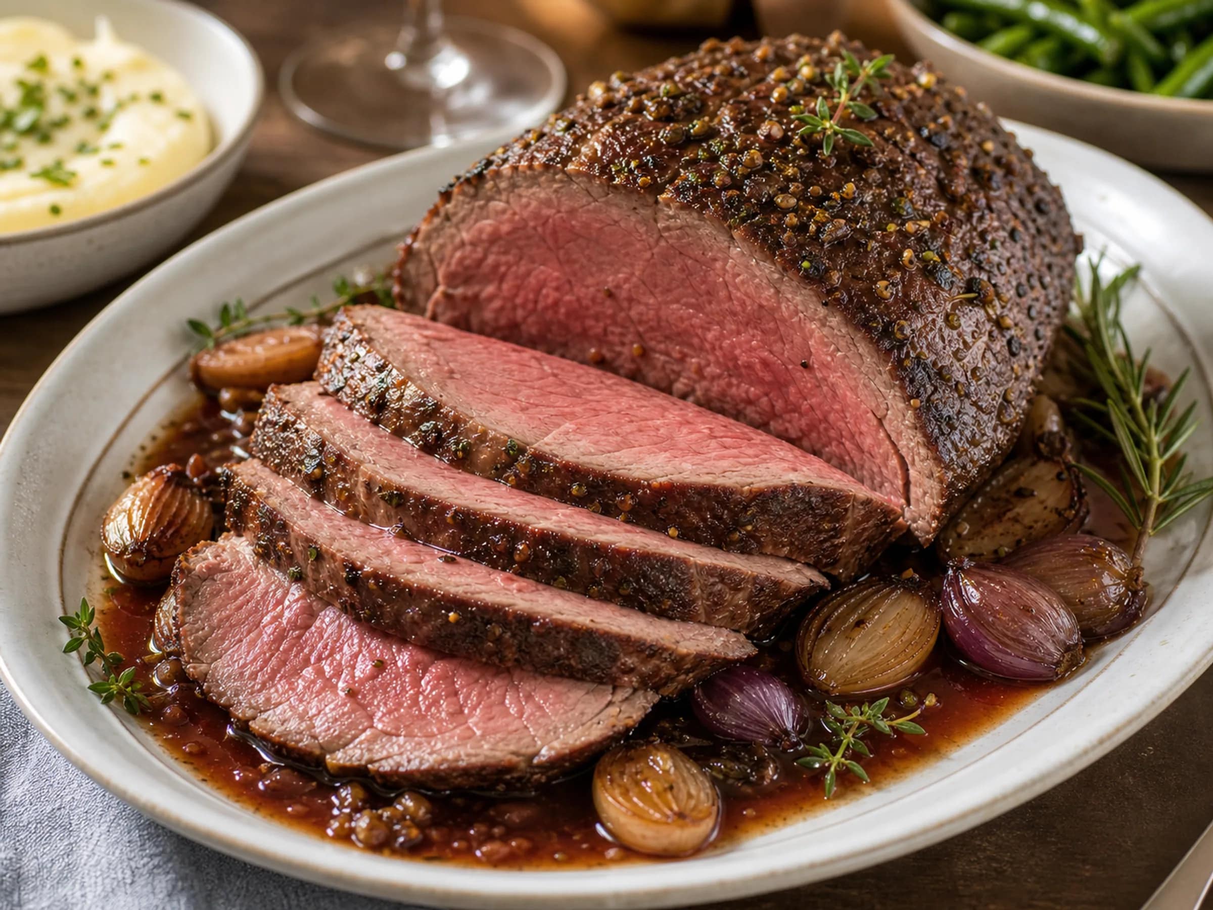 Rosa Roastbeef mit Schalotten-Rotwein-Jus