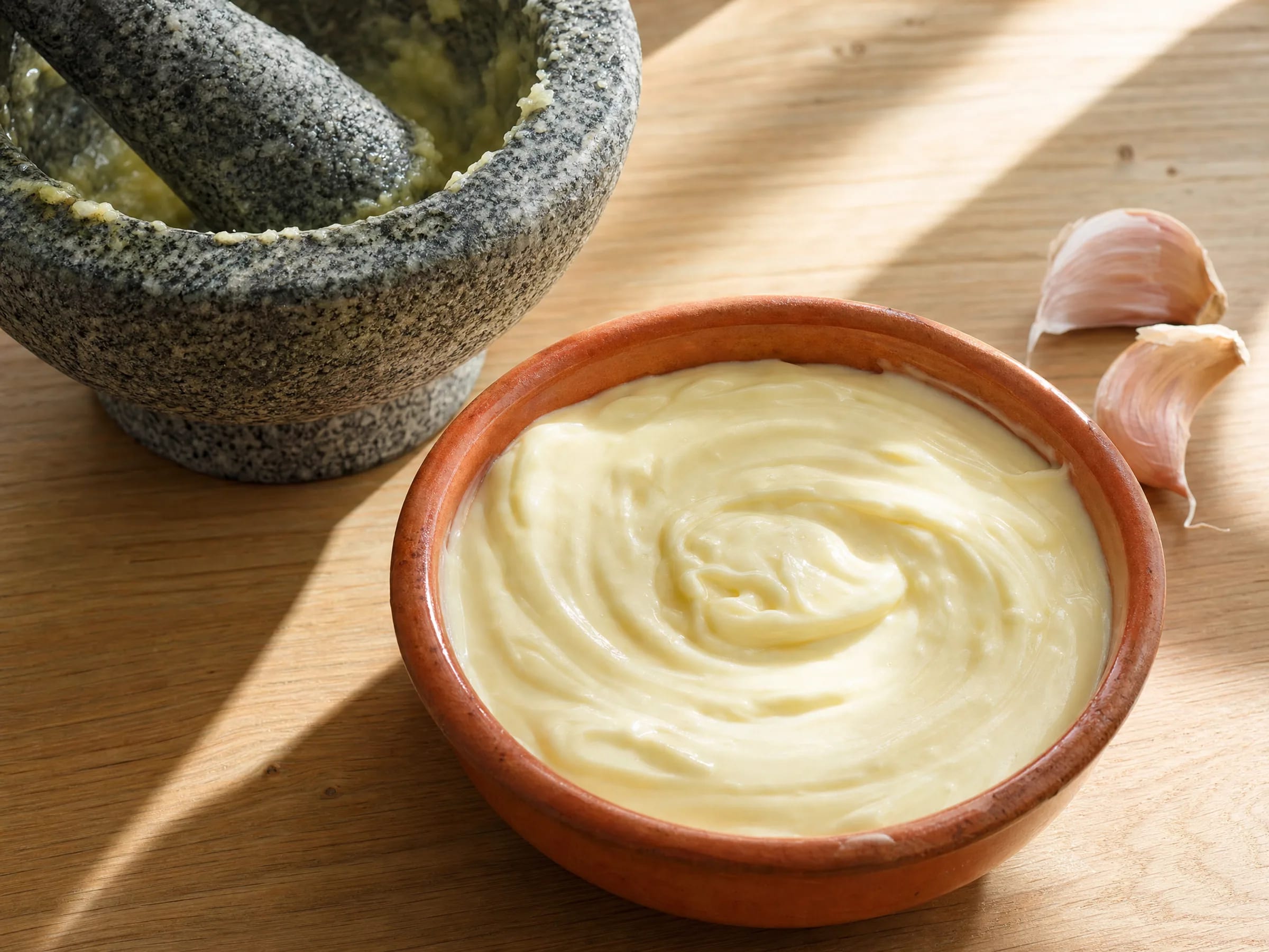 Aioli ohne Ei im Mörser fertig angerichtet