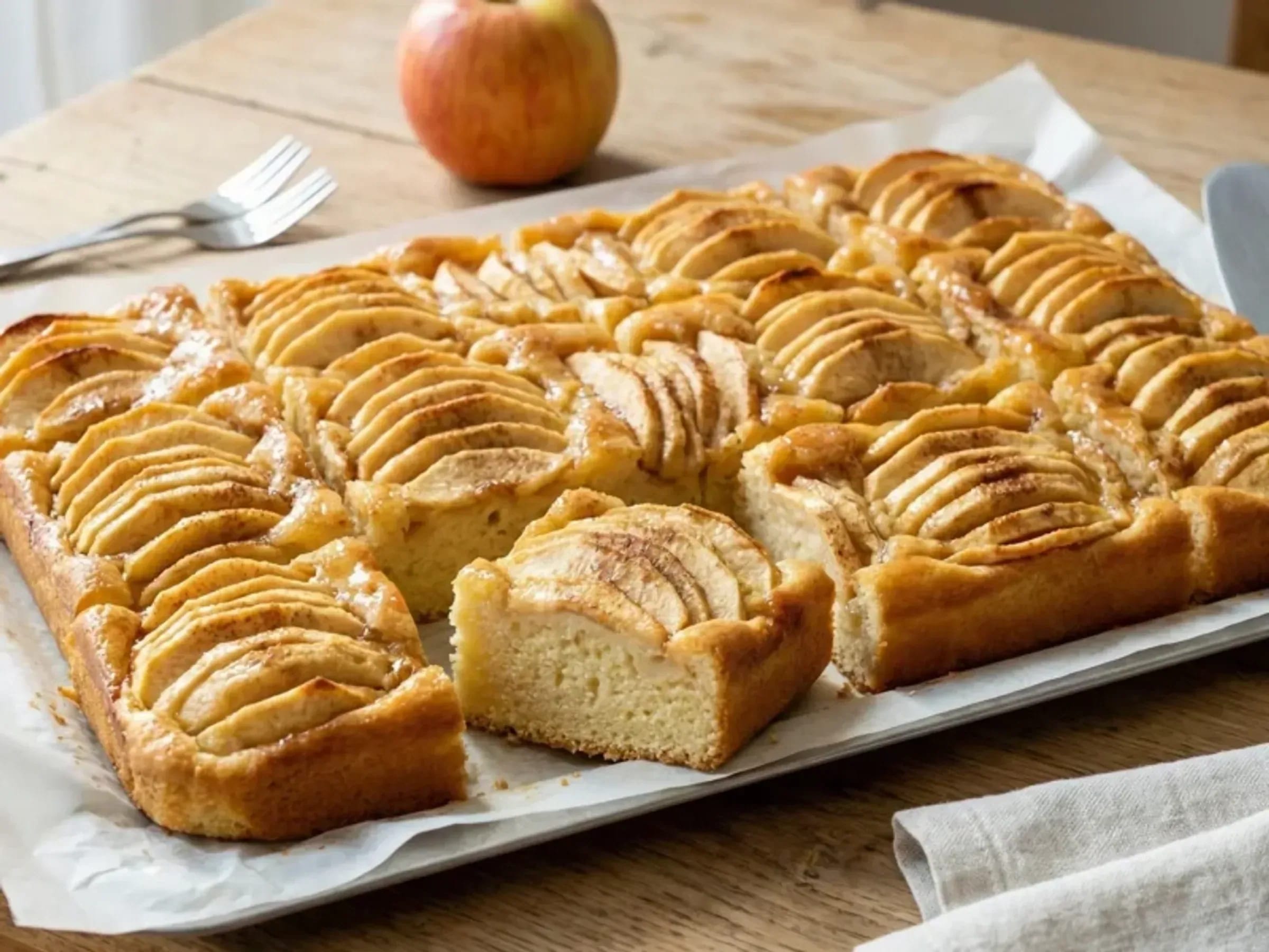 Goldbrauner Apfelkuchen vom Blech mit dicht gelegten Apfelspalten und glänzender Oberfläche