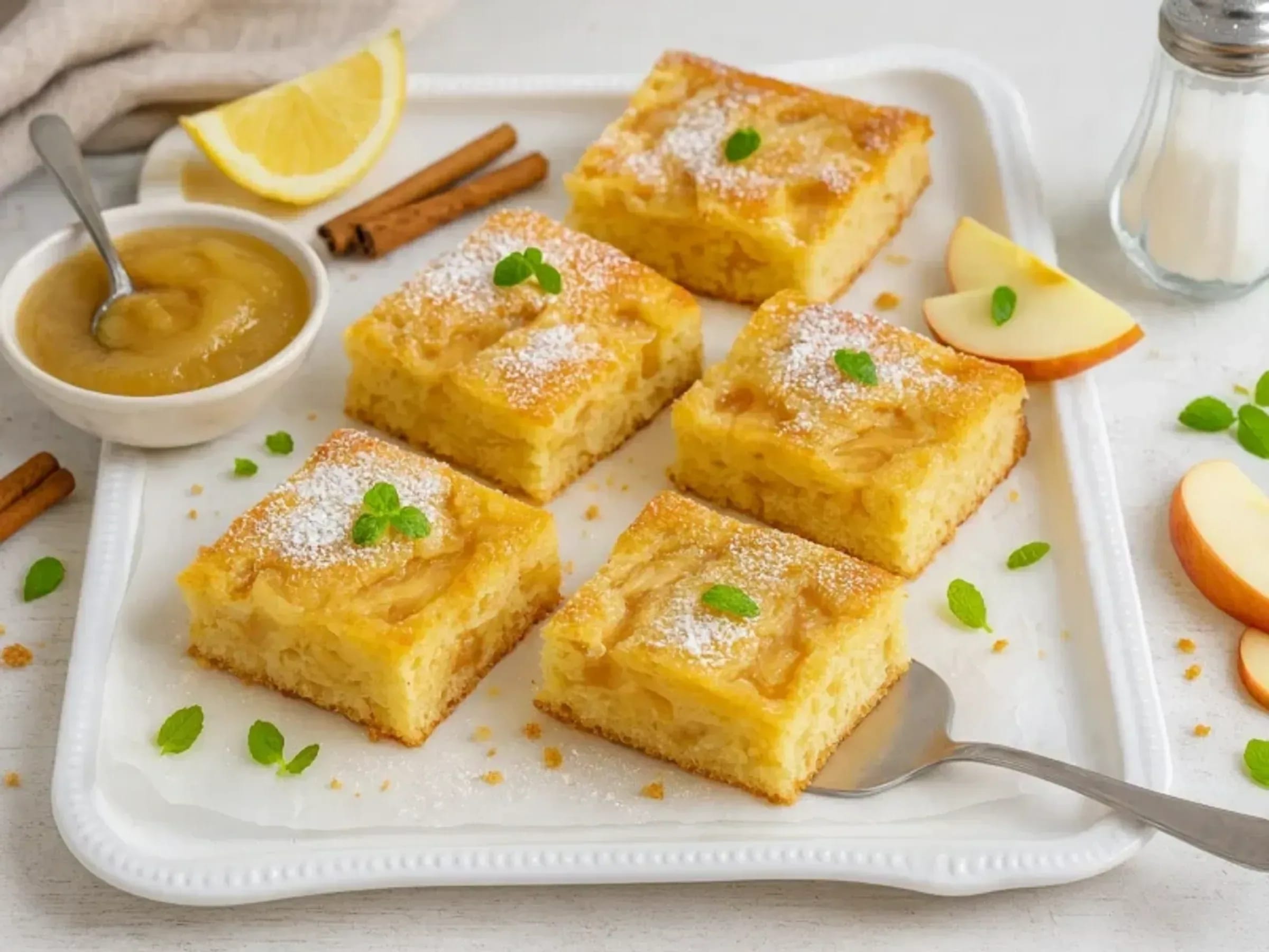 Saftiger Apfelmuskuchen aus der Springform mit feiner Puderzuckerschicht