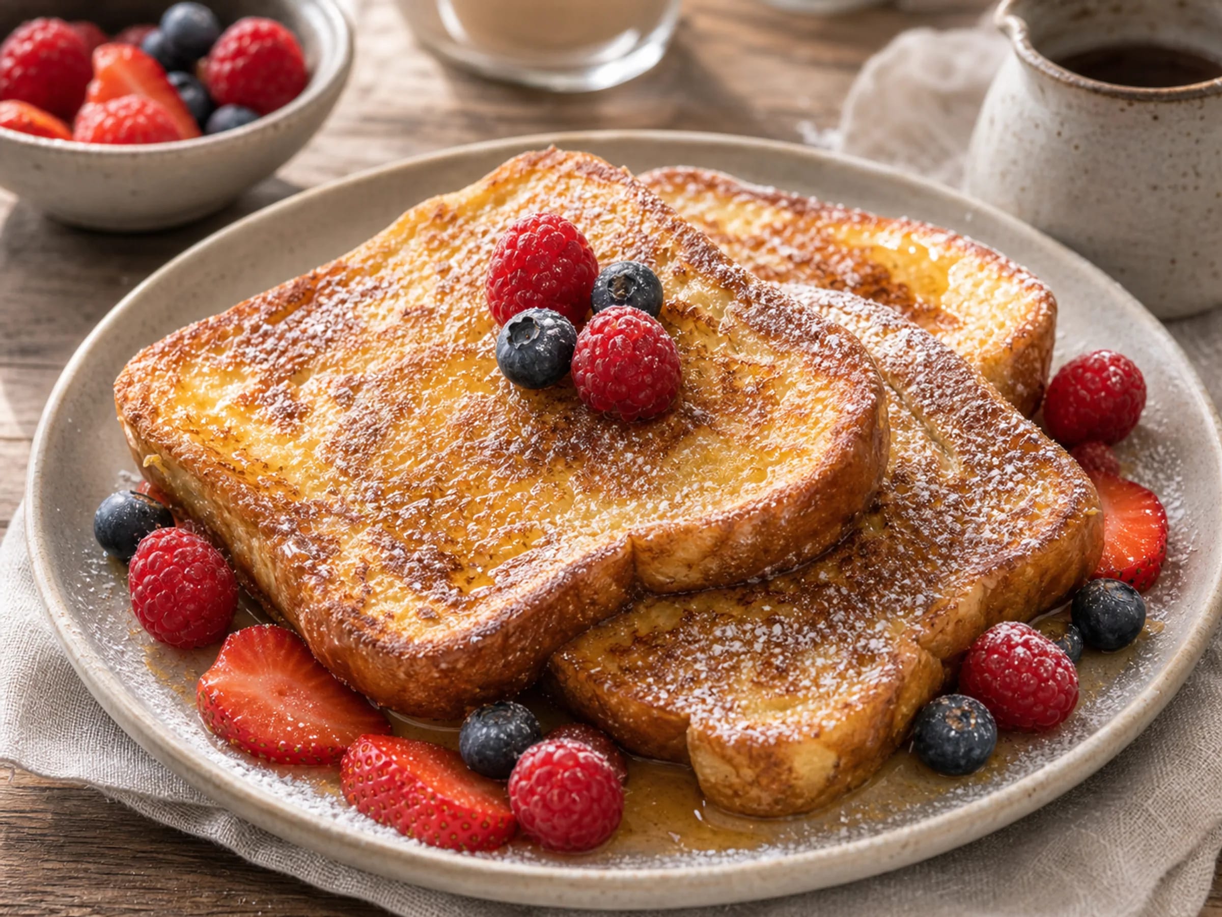 Goldbraune Arme Ritter mit Zimt, Puderzucker, Beeren und Ahornsirup