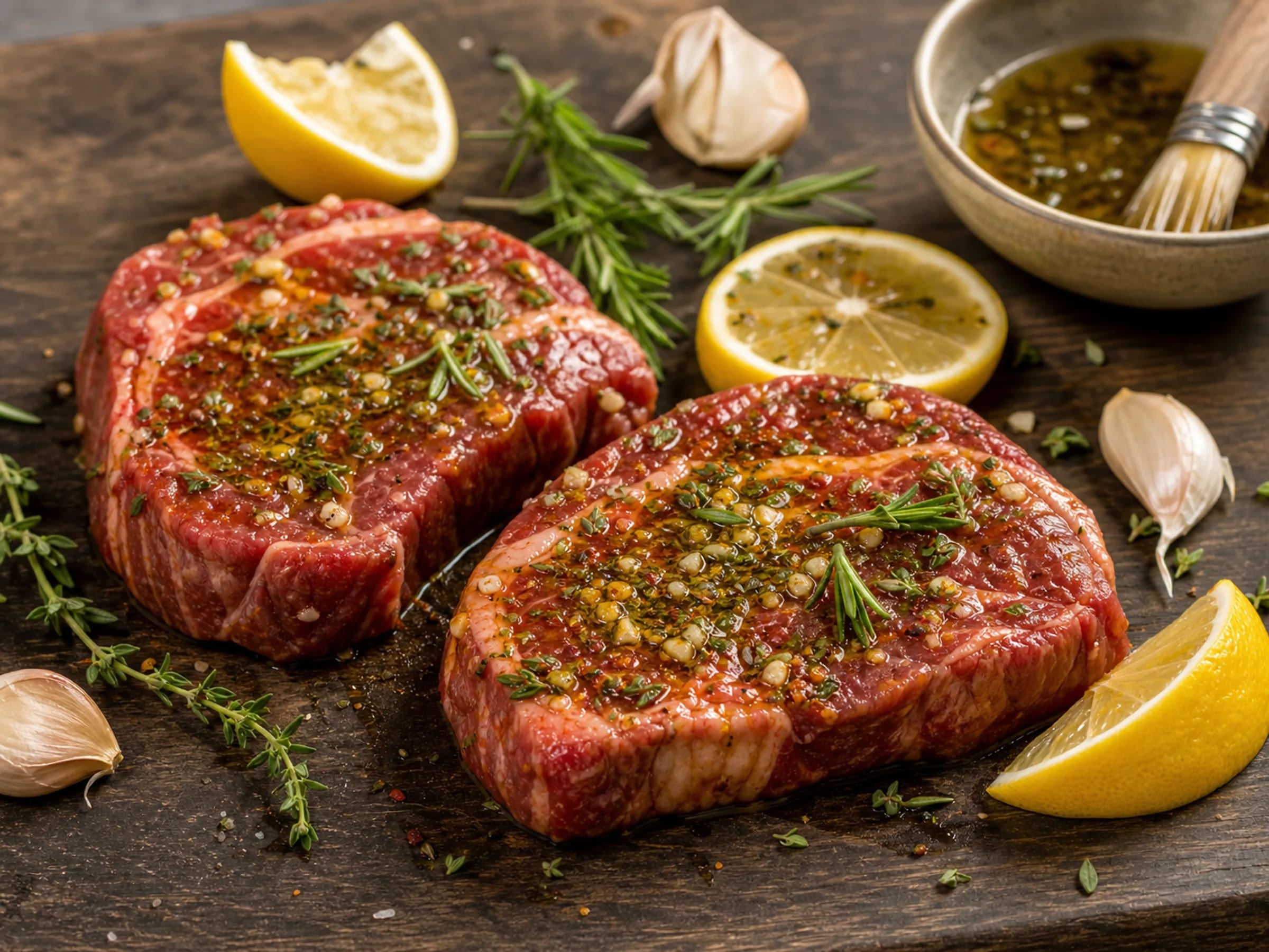 Marinierte Rindersteaks mit Zitrone, Knoblauch, Rosmarin und Thymian