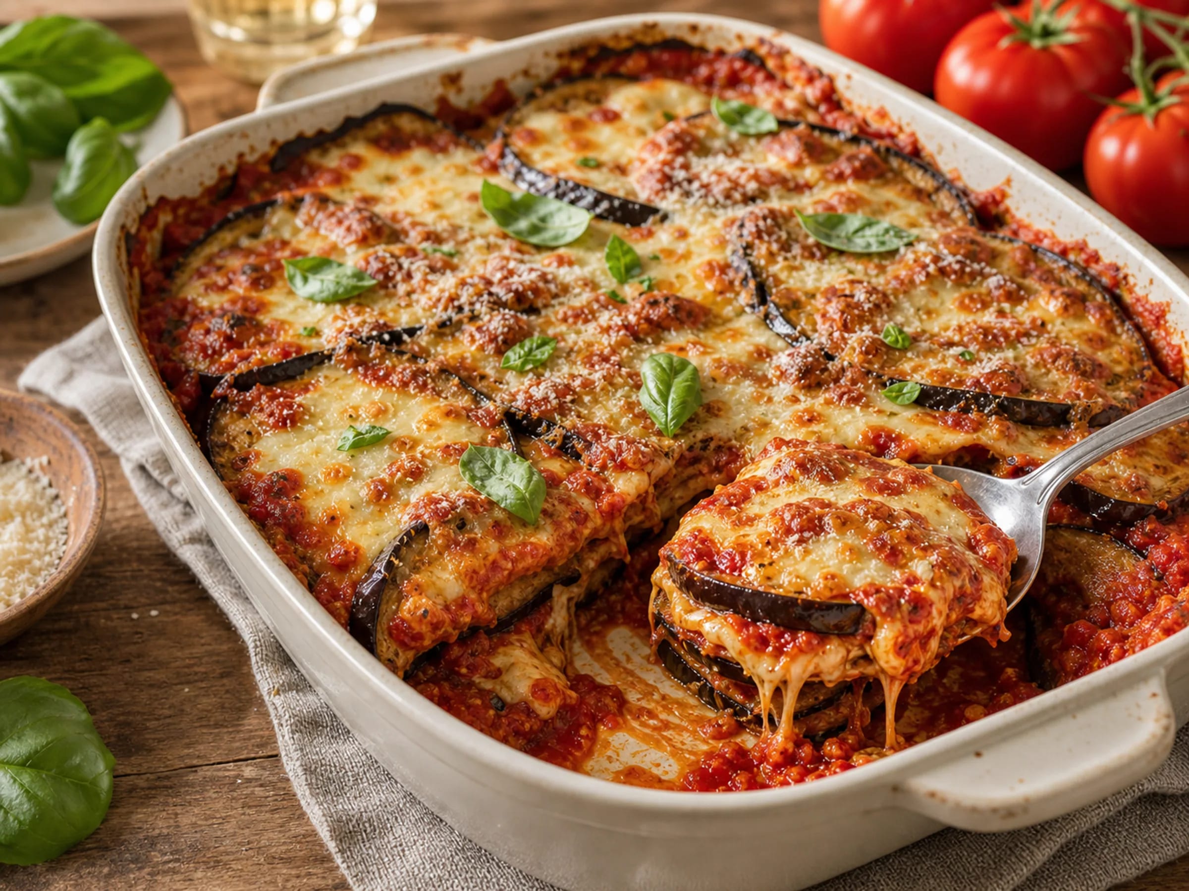 Auberginenauflauf mit Tomatensauce, Mozzarella und goldbrauner Käsekruste