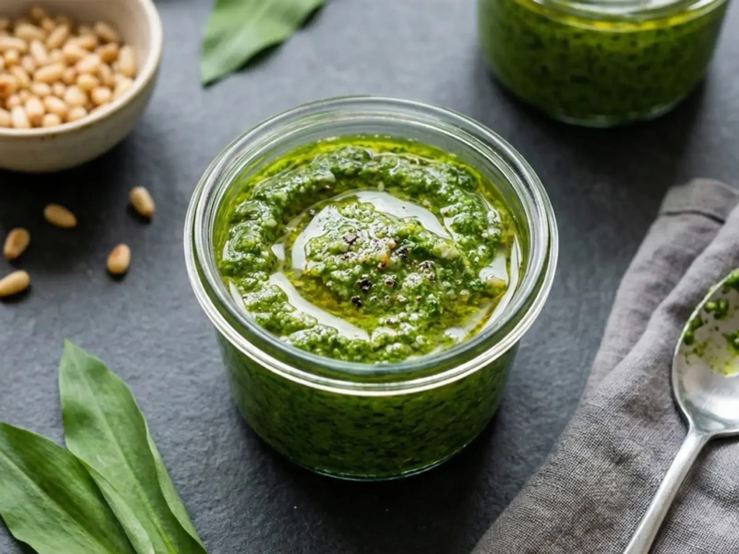 Grünes Bärlauchpesto im Glas mit Bärlauchblättern und Pinienkernen daneben